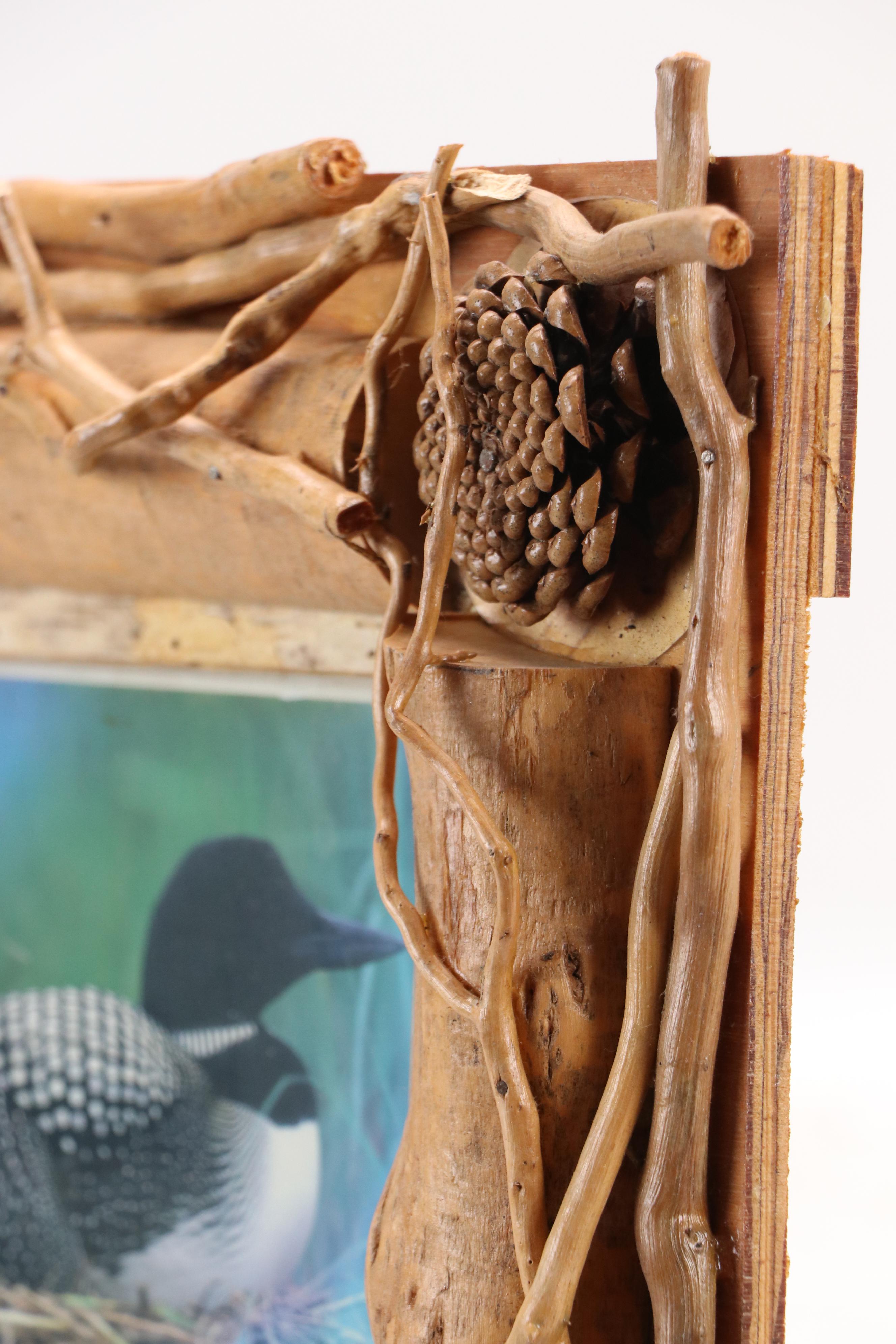 Robert Beaven Handmade Folk Art Wooden Frame With Print of Loon, 20th Century