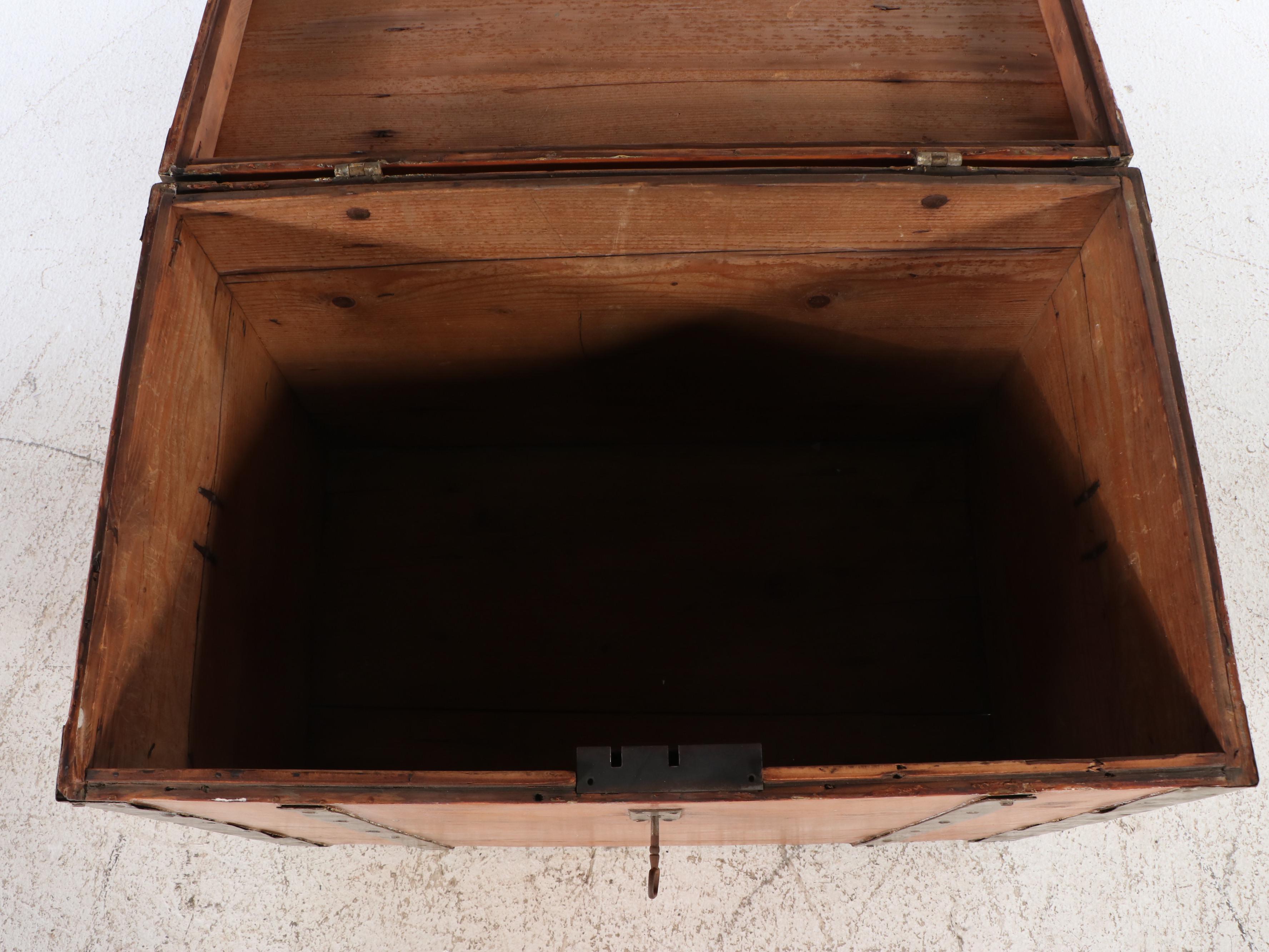 Pine Flat-Top Travel Trunk with Forged Metal Brackets, 19th Century