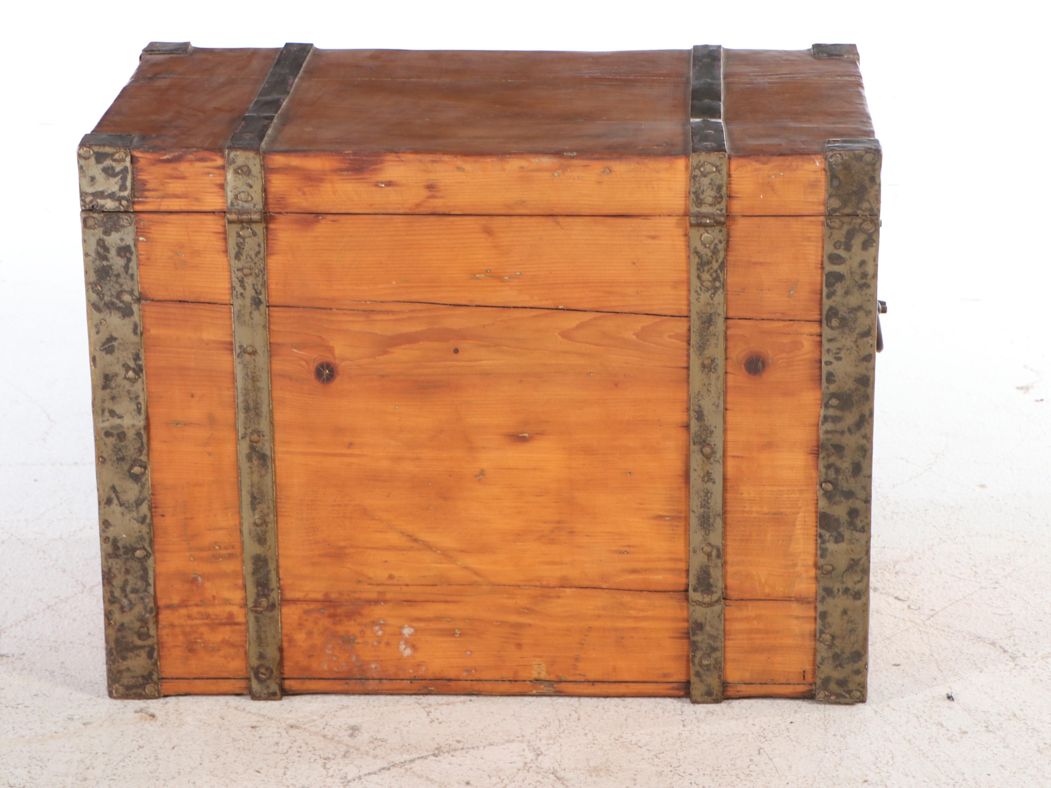 Pine Flat-Top Travel Trunk with Forged Metal Brackets, 19th Century