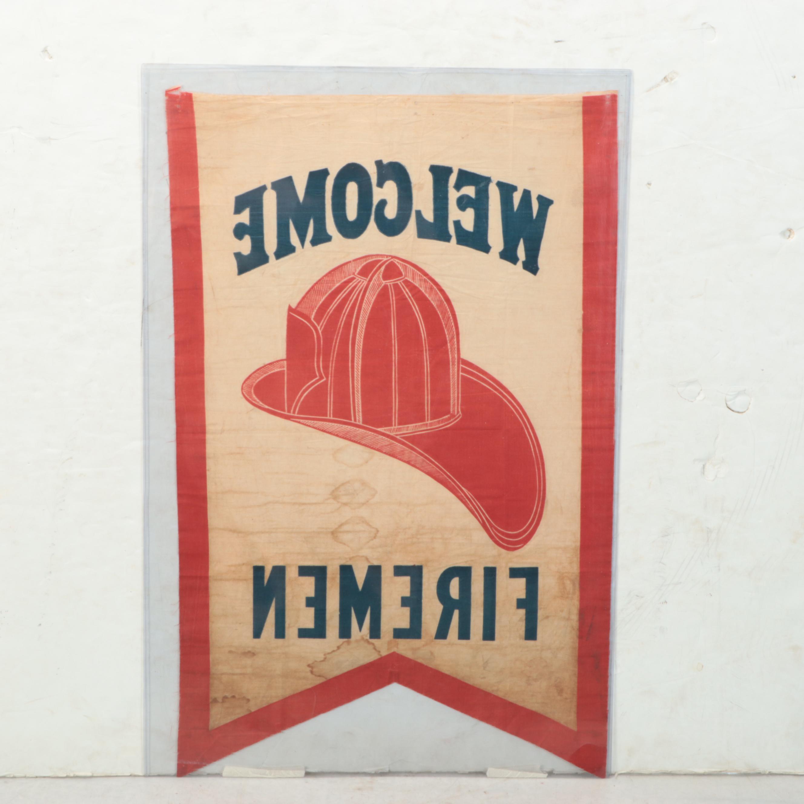 "Welcome Firemen" Fabric Banner, Mid-20th Century
