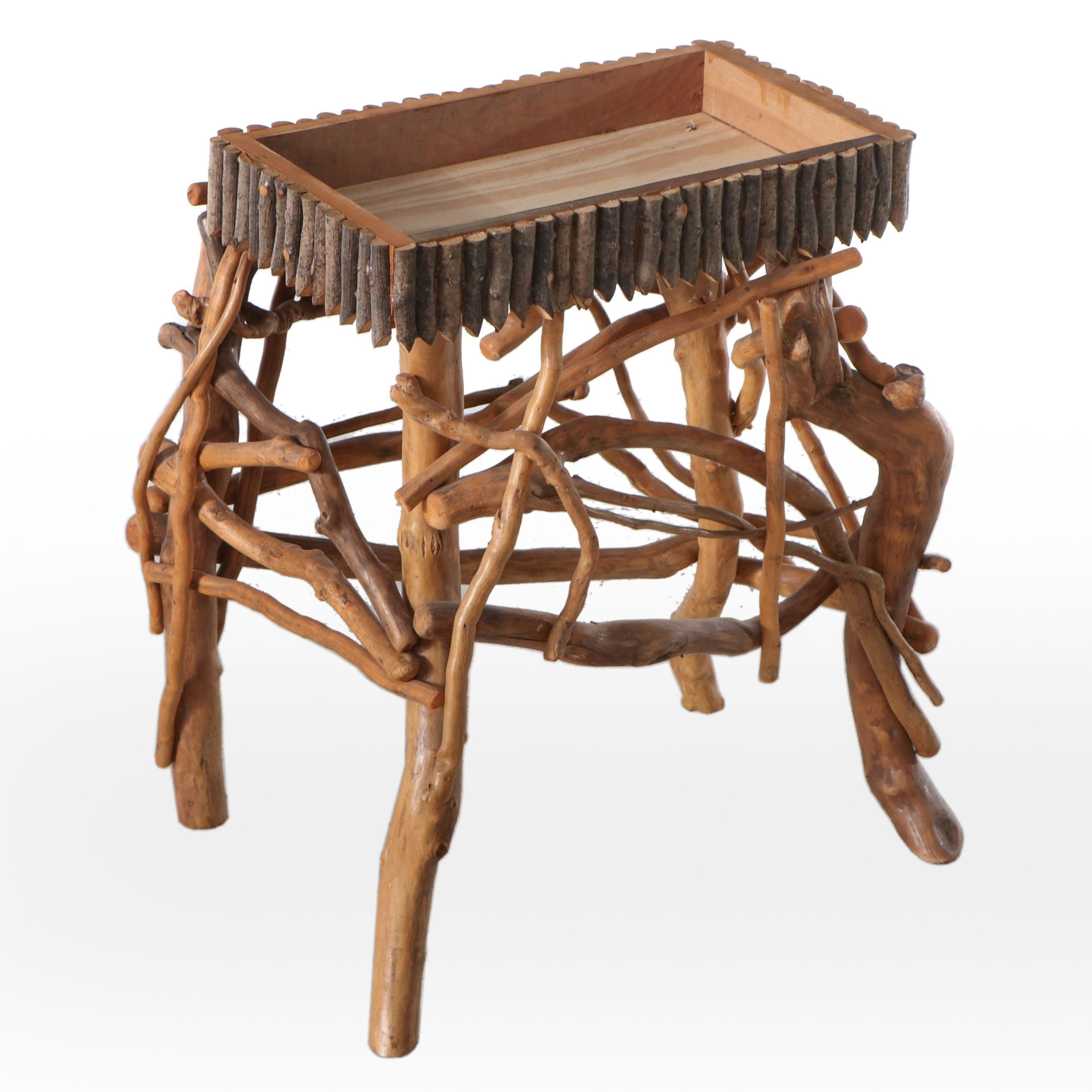 Folk Art Box, Adorned with Horn Coral Fossils on Adirondack Style Twig Stand