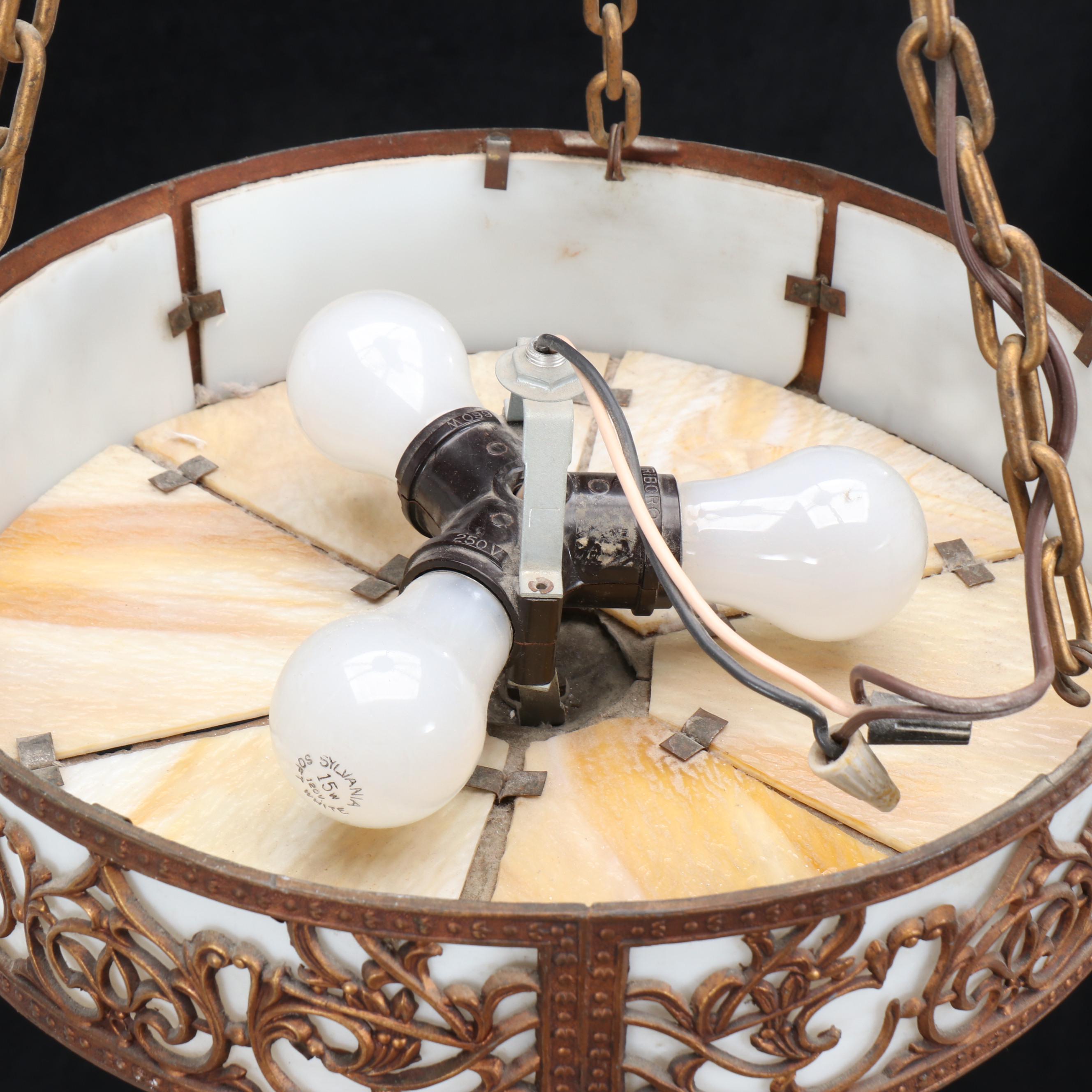 Victorian Gilt Spelter Overlay and Slag Glass Plaffonier Pendant Light, 20th C