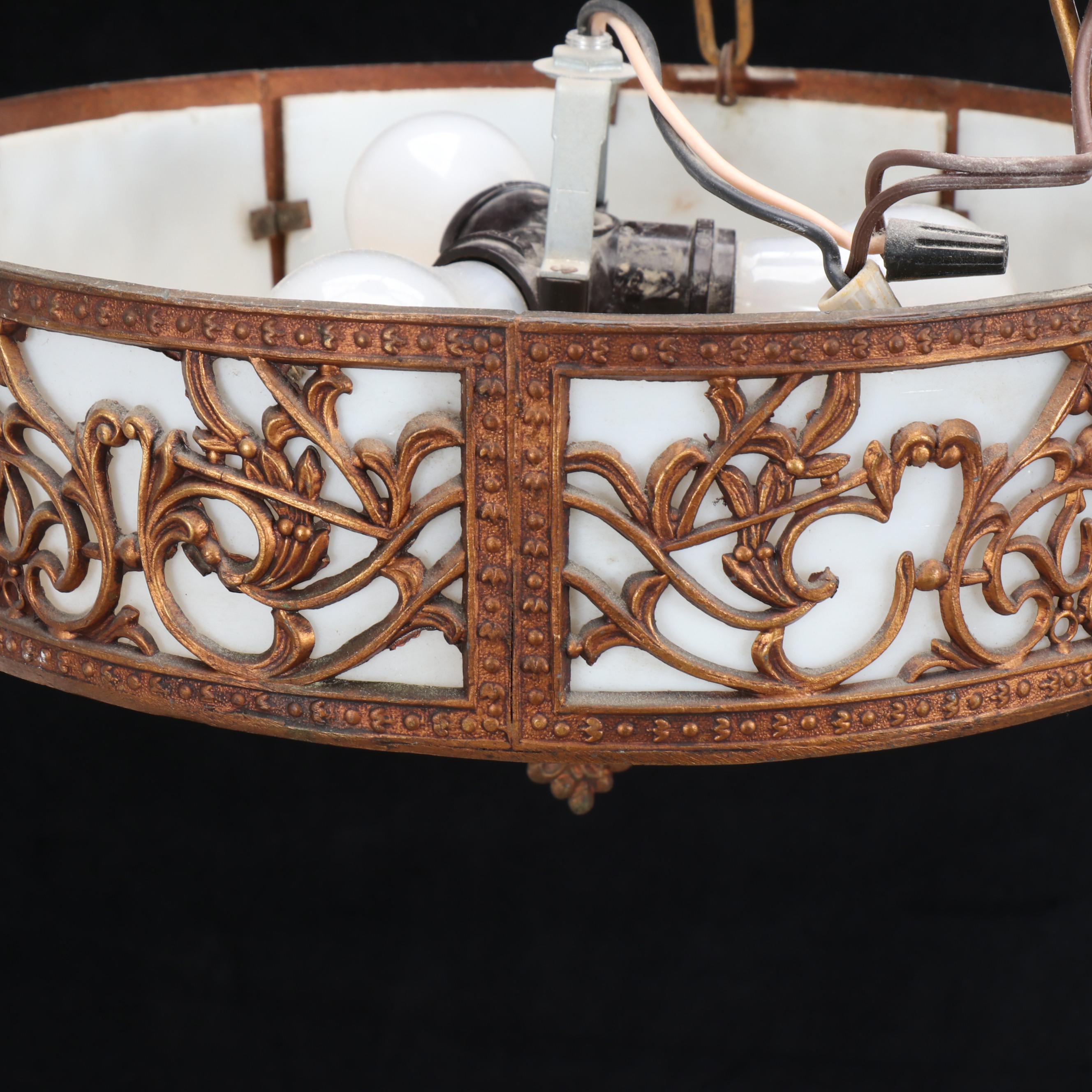 Victorian Gilt Spelter Overlay and Slag Glass Plaffonier Pendant Light, 20th C