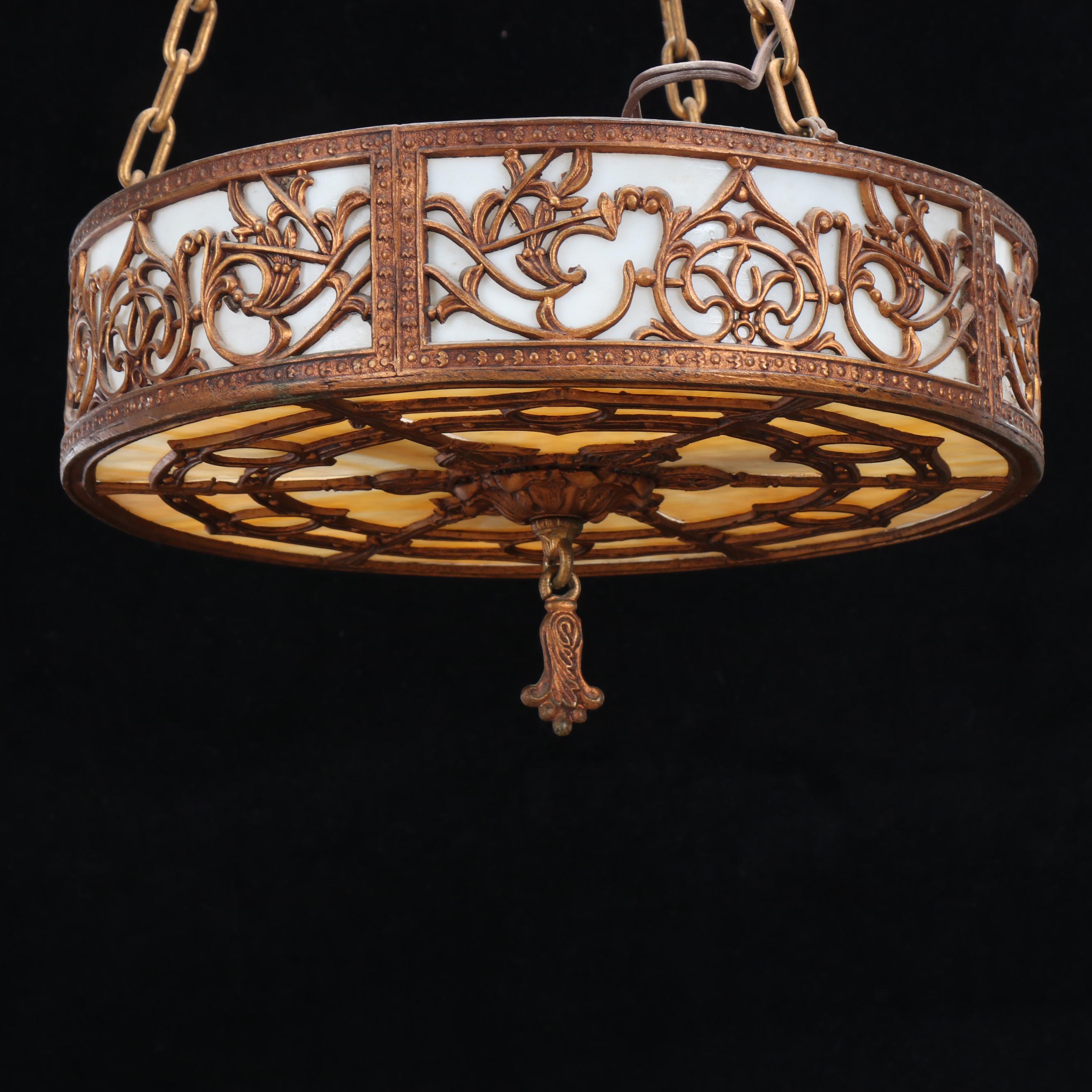 Victorian Gilt Spelter Overlay and Slag Glass Plaffonier Pendant Light, 20th C