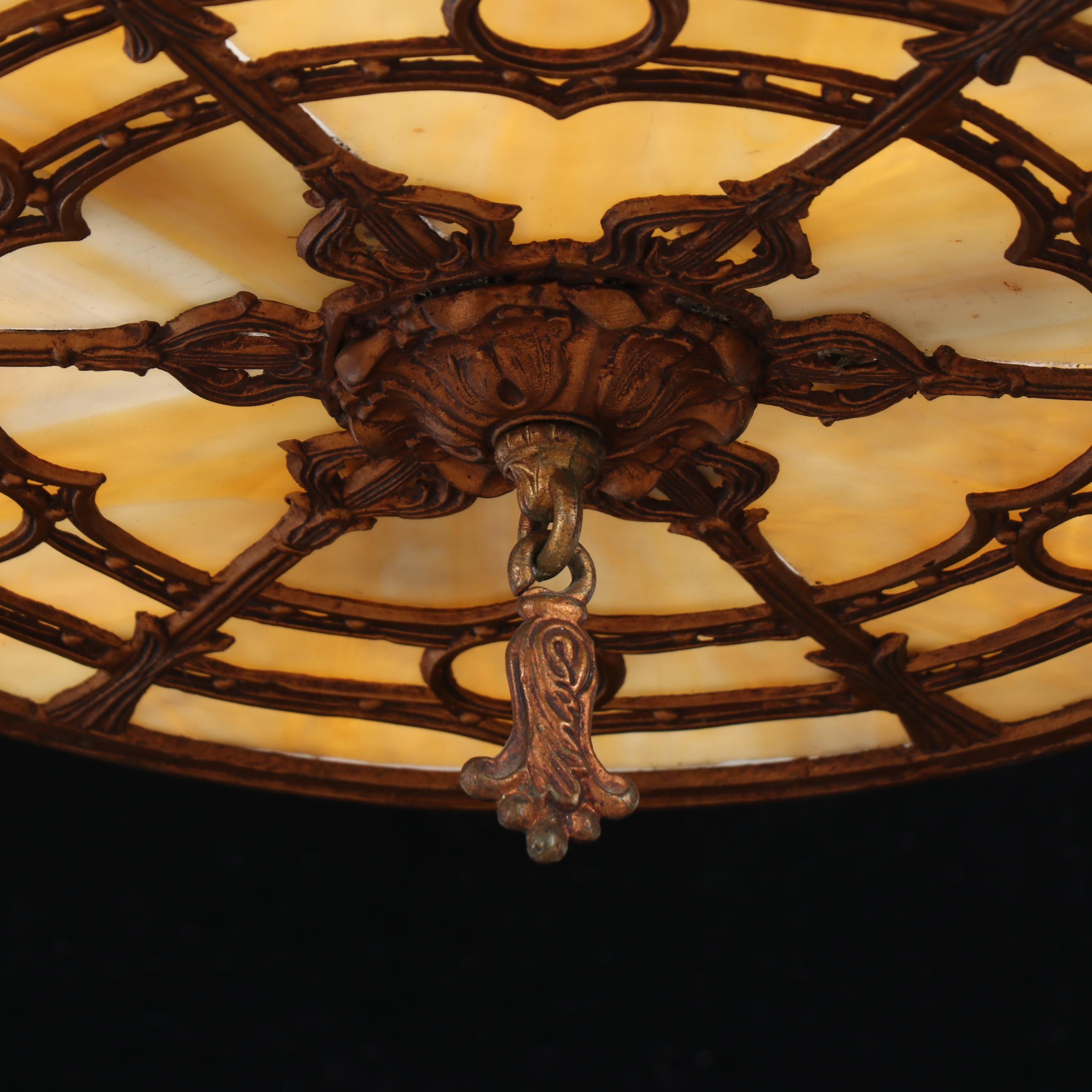 Victorian Gilt Spelter Overlay and Slag Glass Plaffonier Pendant Light, 20th C