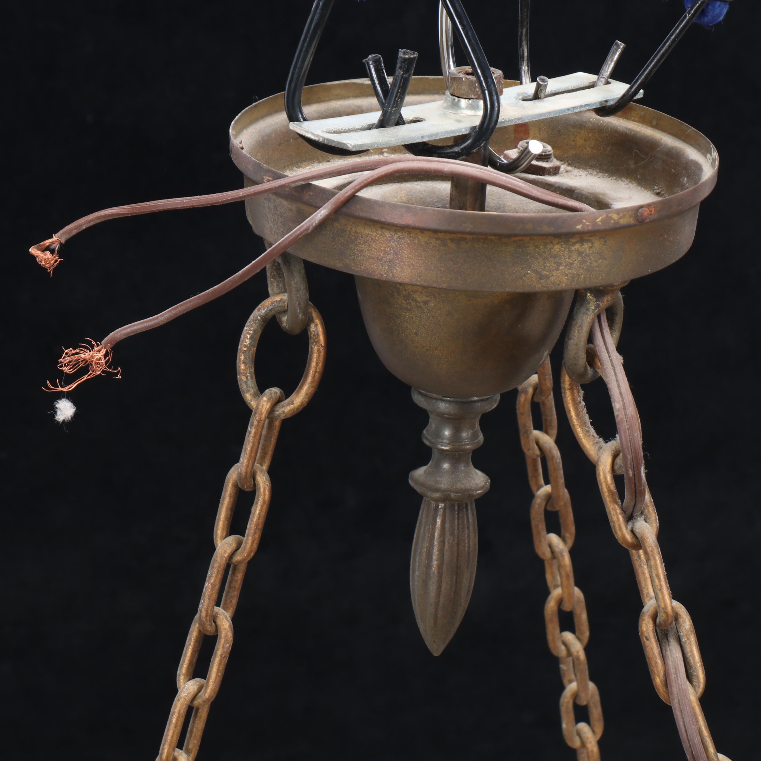 Victorian Gilt Spelter Overlay and Slag Glass Plaffonier Pendant Light, 20th C