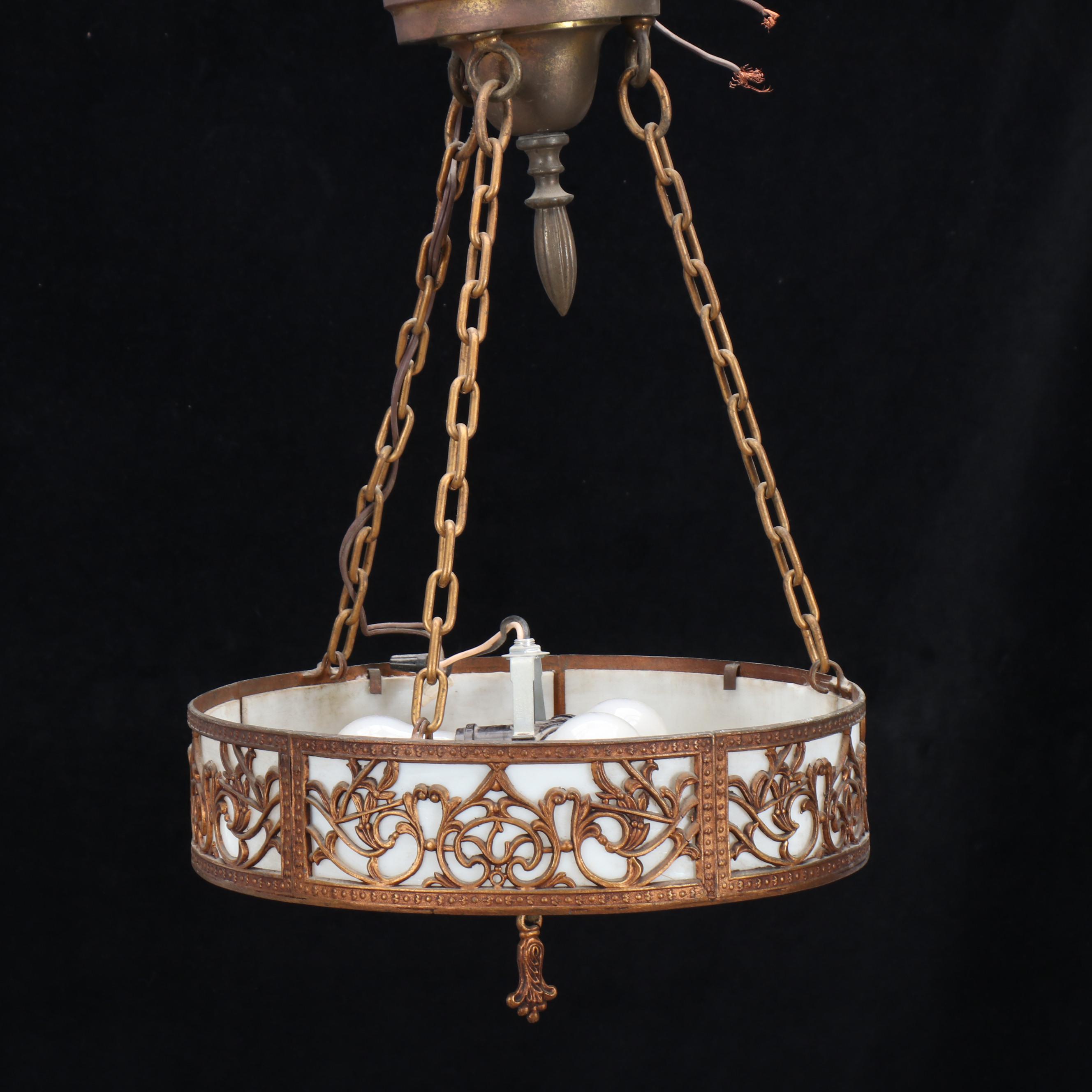 Victorian Gilt Spelter Overlay and Slag Glass Plaffonier Pendant Light, 20th C