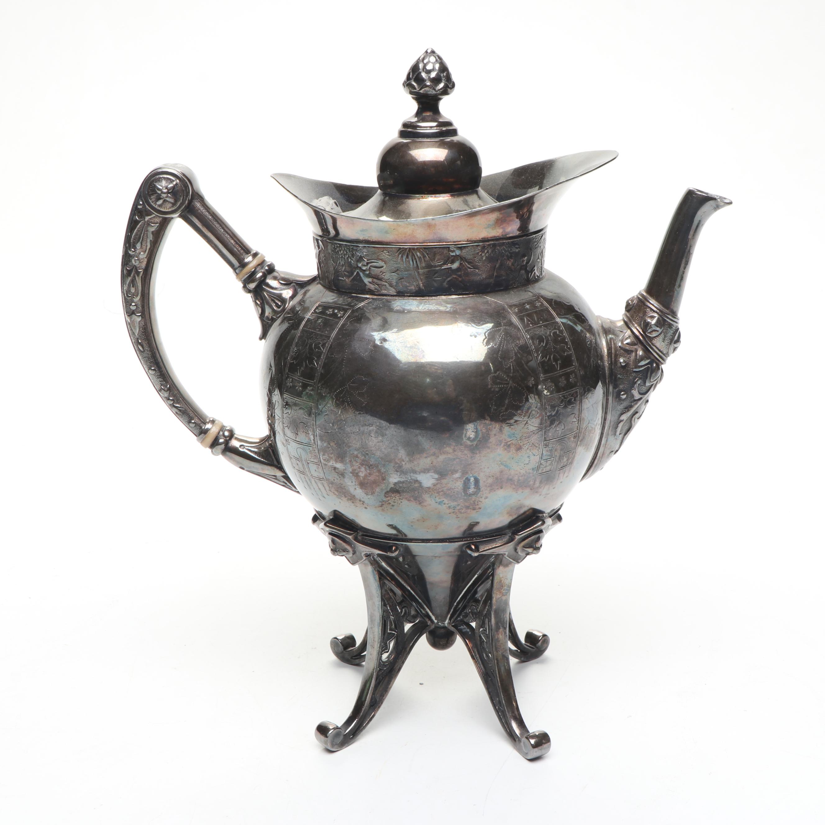 Meriden Britannia Co. Etched Silver Plate Teapots and Other Silver Plate Teaware