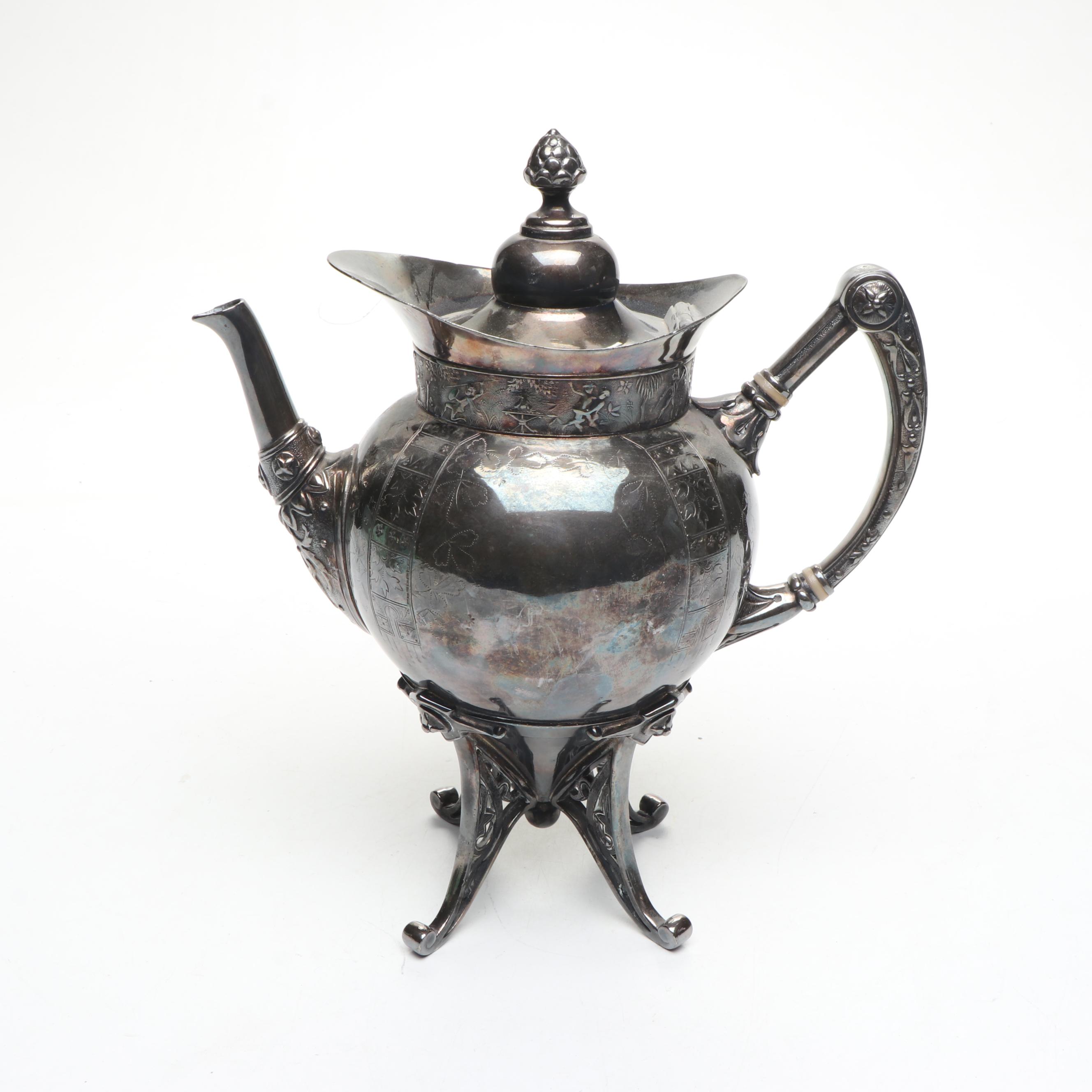 Meriden Britannia Co. Etched Silver Plate Teapots and Other Silver Plate Teaware