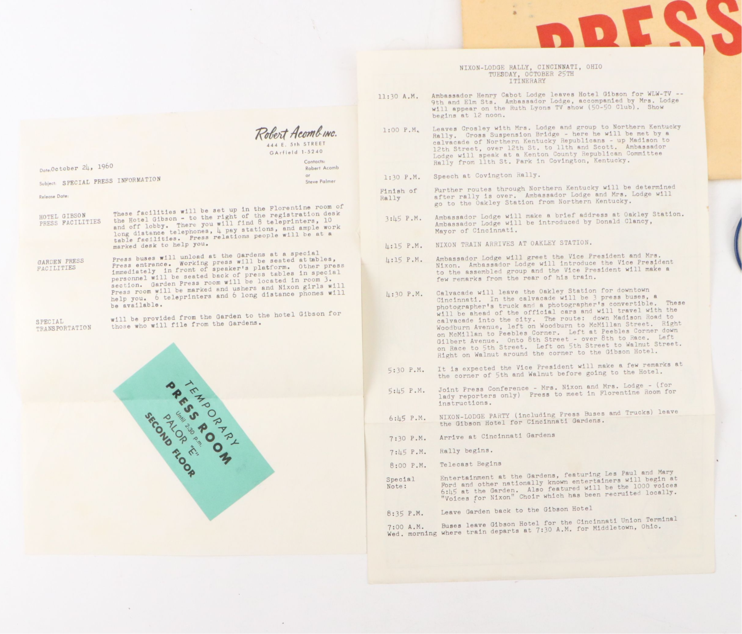 General Sherman, John F. Kennedy and Nixon Pinbacks with Book and More