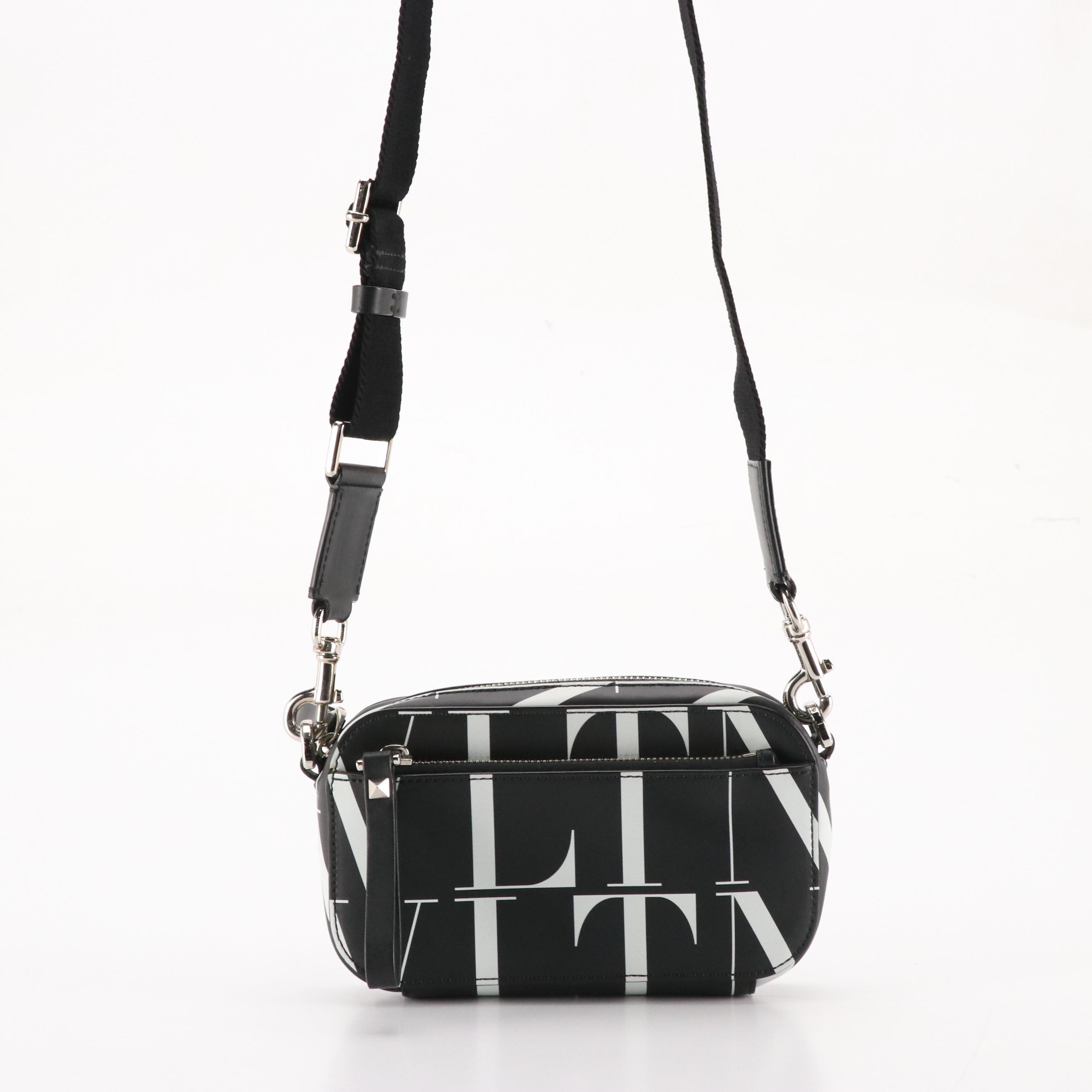 Valentino Garavani Black & White VLTN Leather Crossbody Clutch Bag
