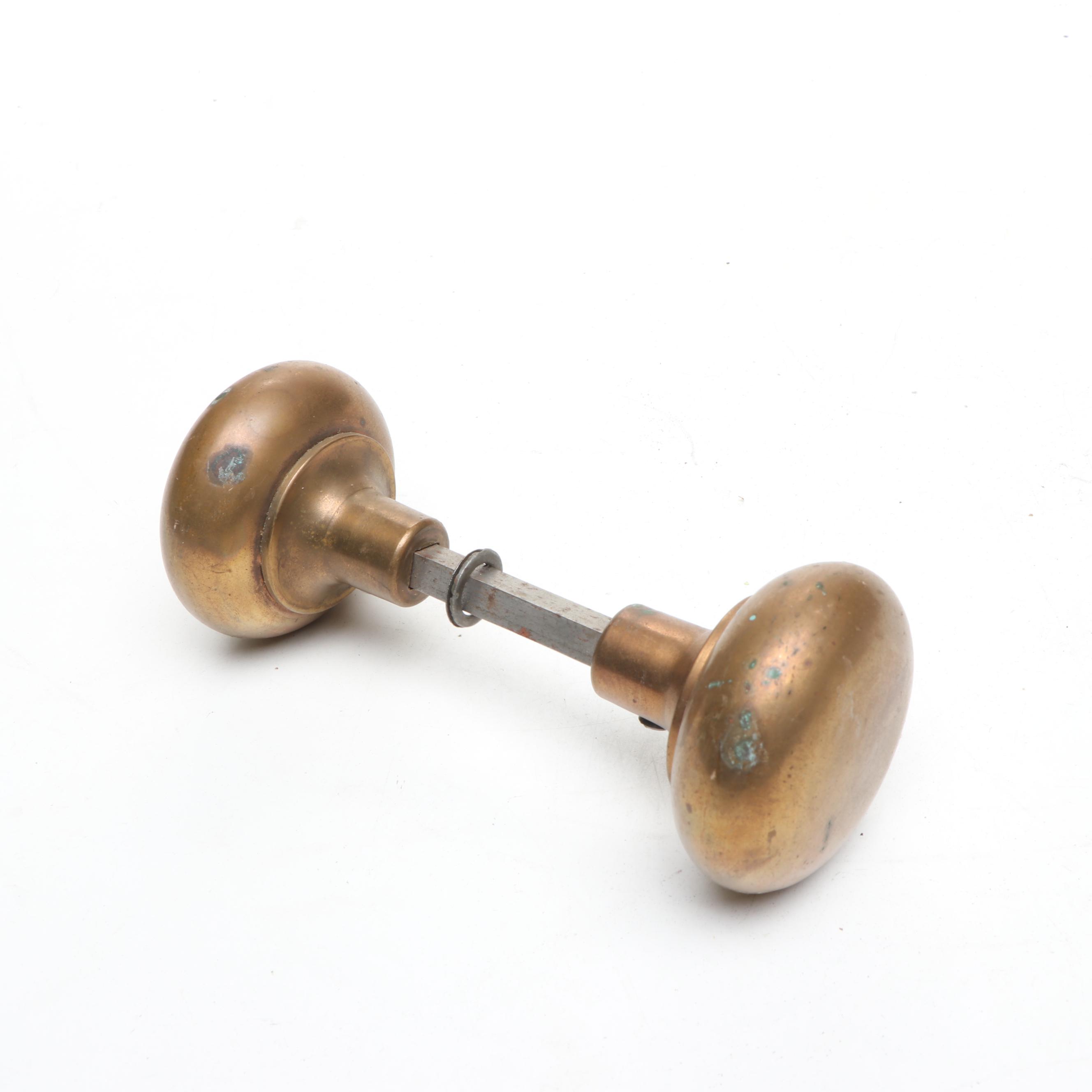 Assortment of Vintage Brass, Metal, and Wood Doorknobs with Cast Iron Locks