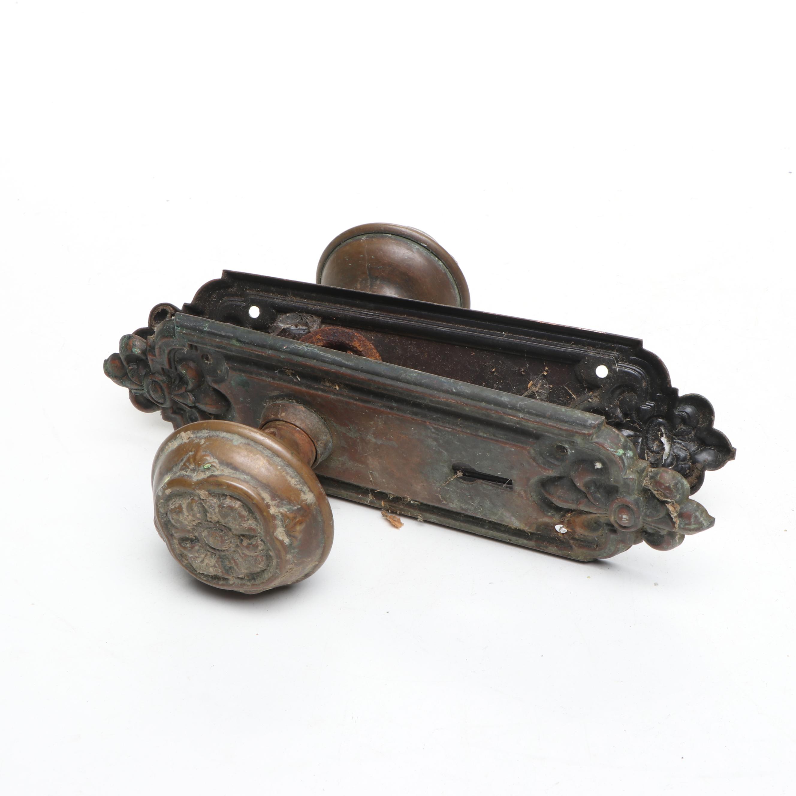 Assortment of Vintage Brass, Metal, and Wood Doorknobs with Cast Iron Locks