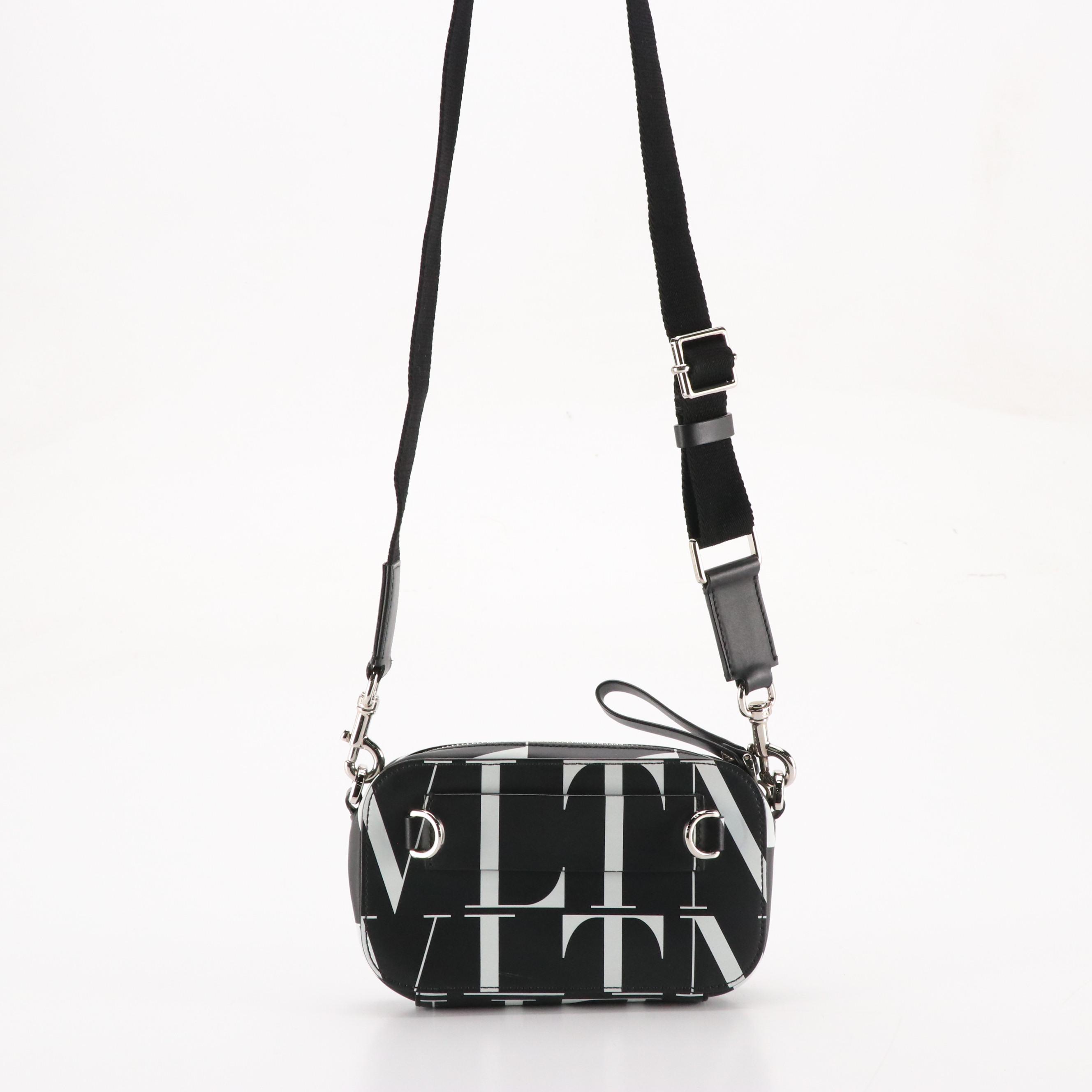 Valentino Garavani Black & White VLTN Leather Crossbody Clutch Bag