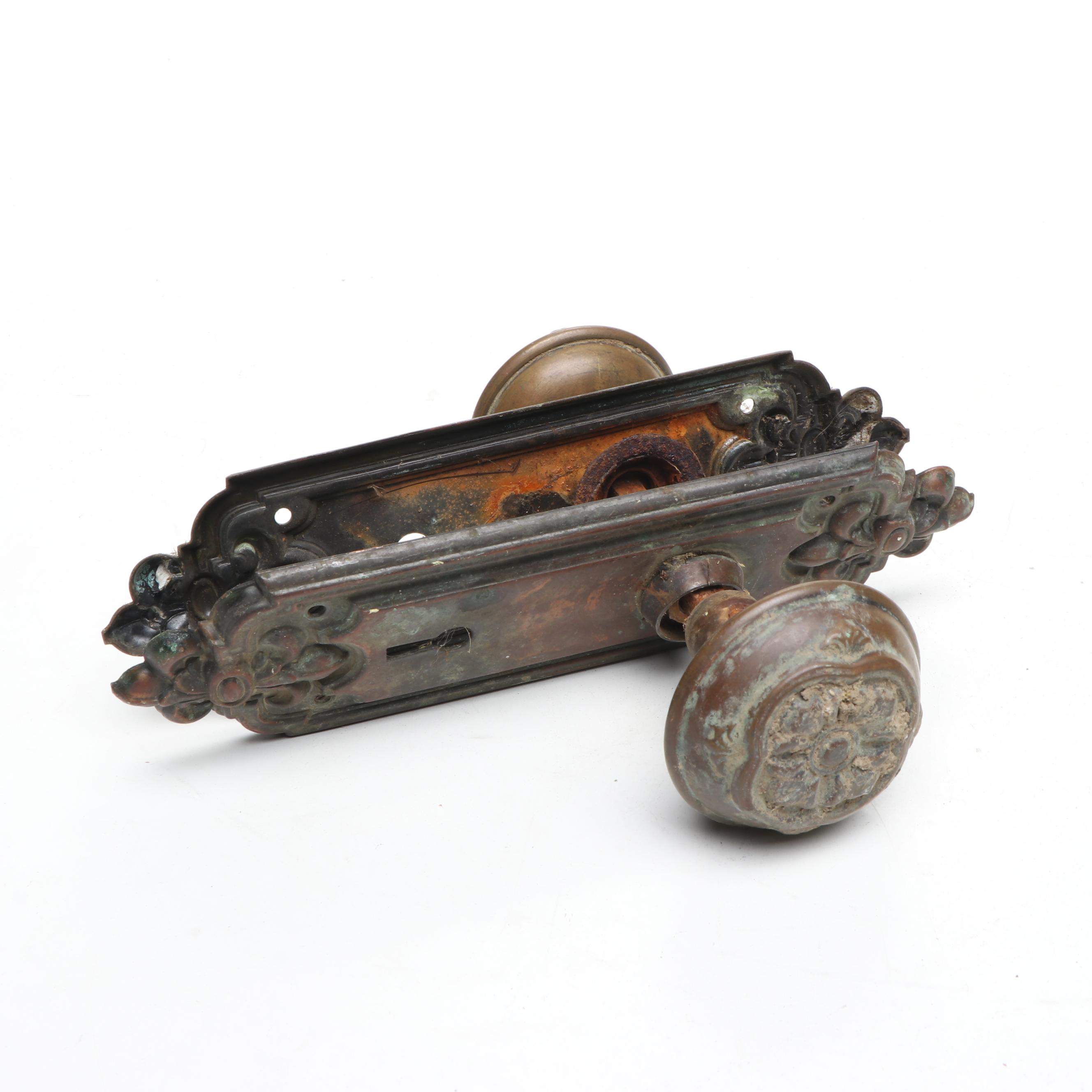 Assortment of Vintage Brass, Metal, and Wood Doorknobs with Cast Iron Locks