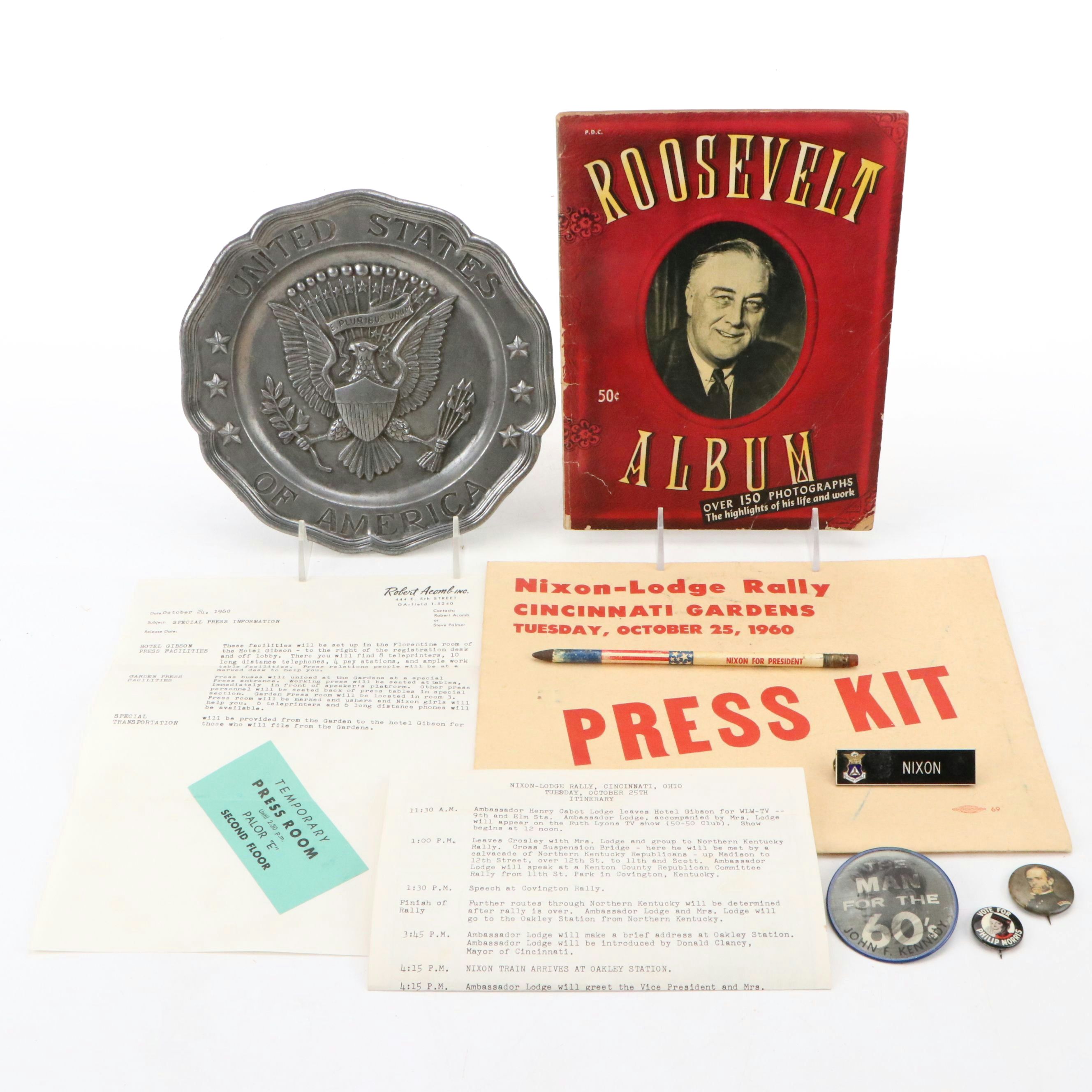 General Sherman, John F. Kennedy and Nixon Pinbacks with Book and More