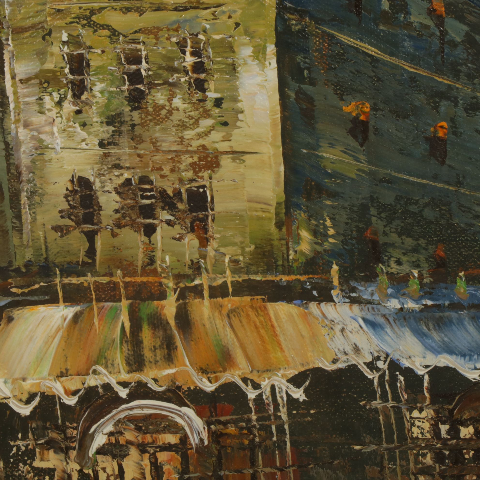 Emerson Impressionist Oil Painting of Patrons and Parisian Storefronts