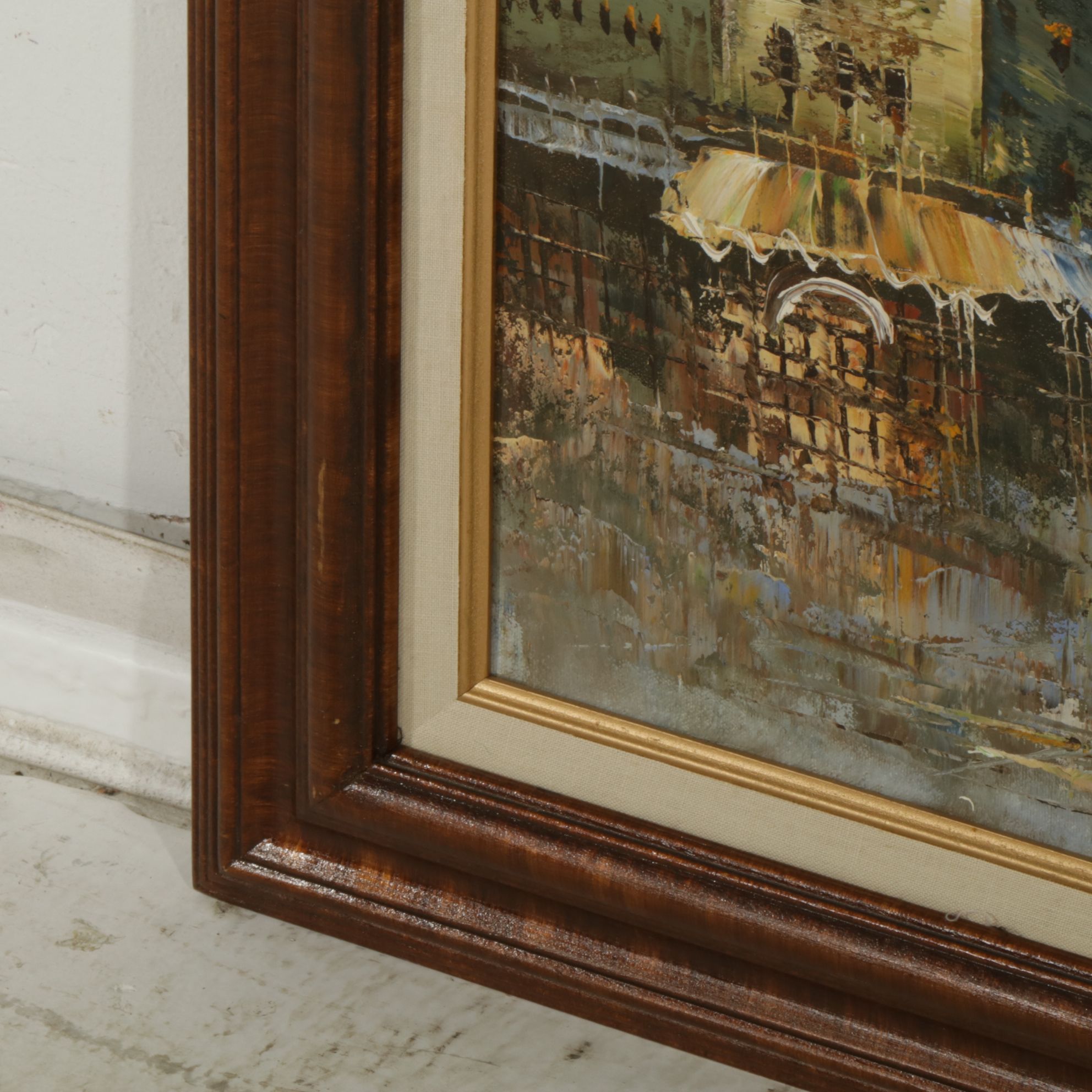 Emerson Impressionist Oil Painting of Patrons and Parisian Storefronts