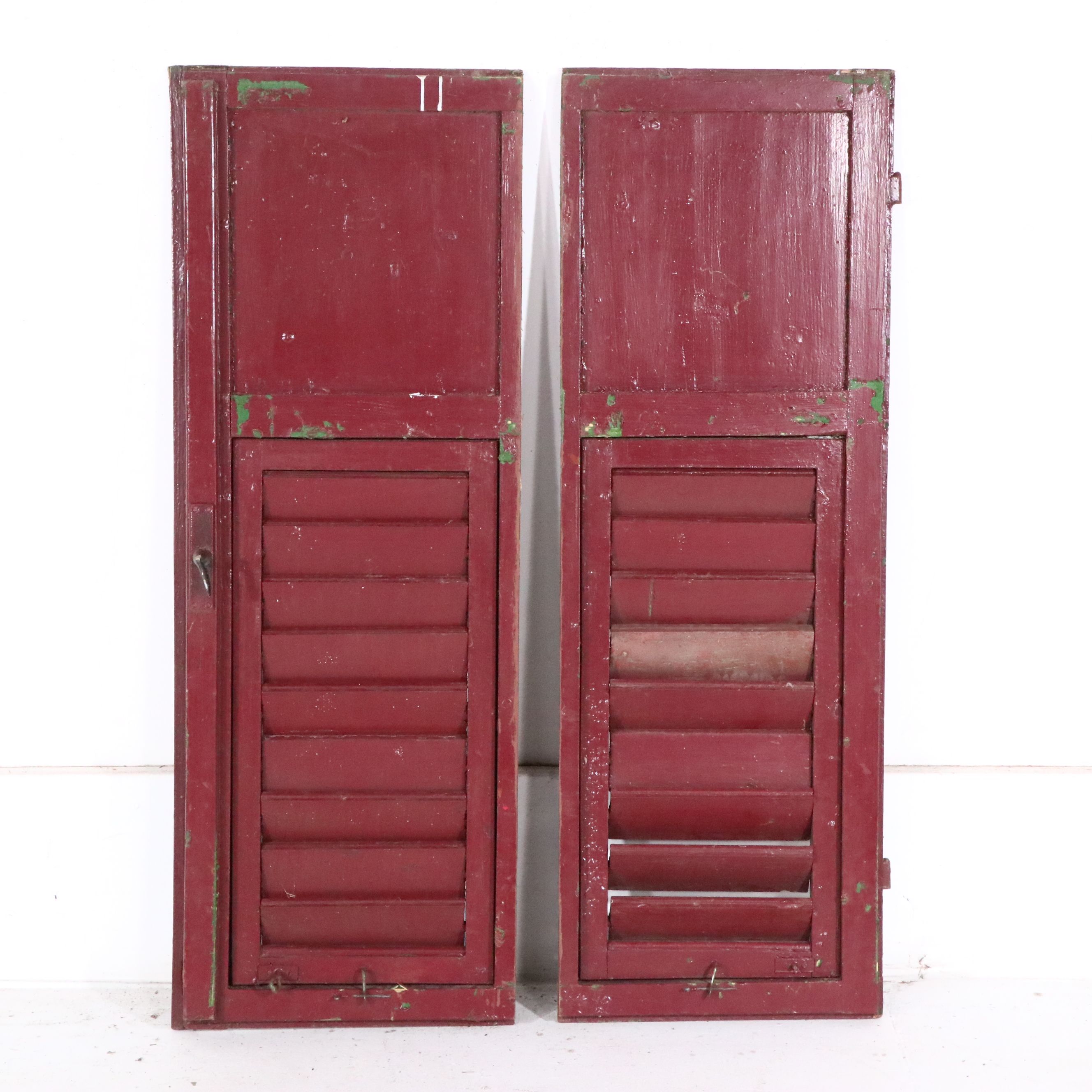Pair of Vintage Red-Painted Wood Louvered Shutters