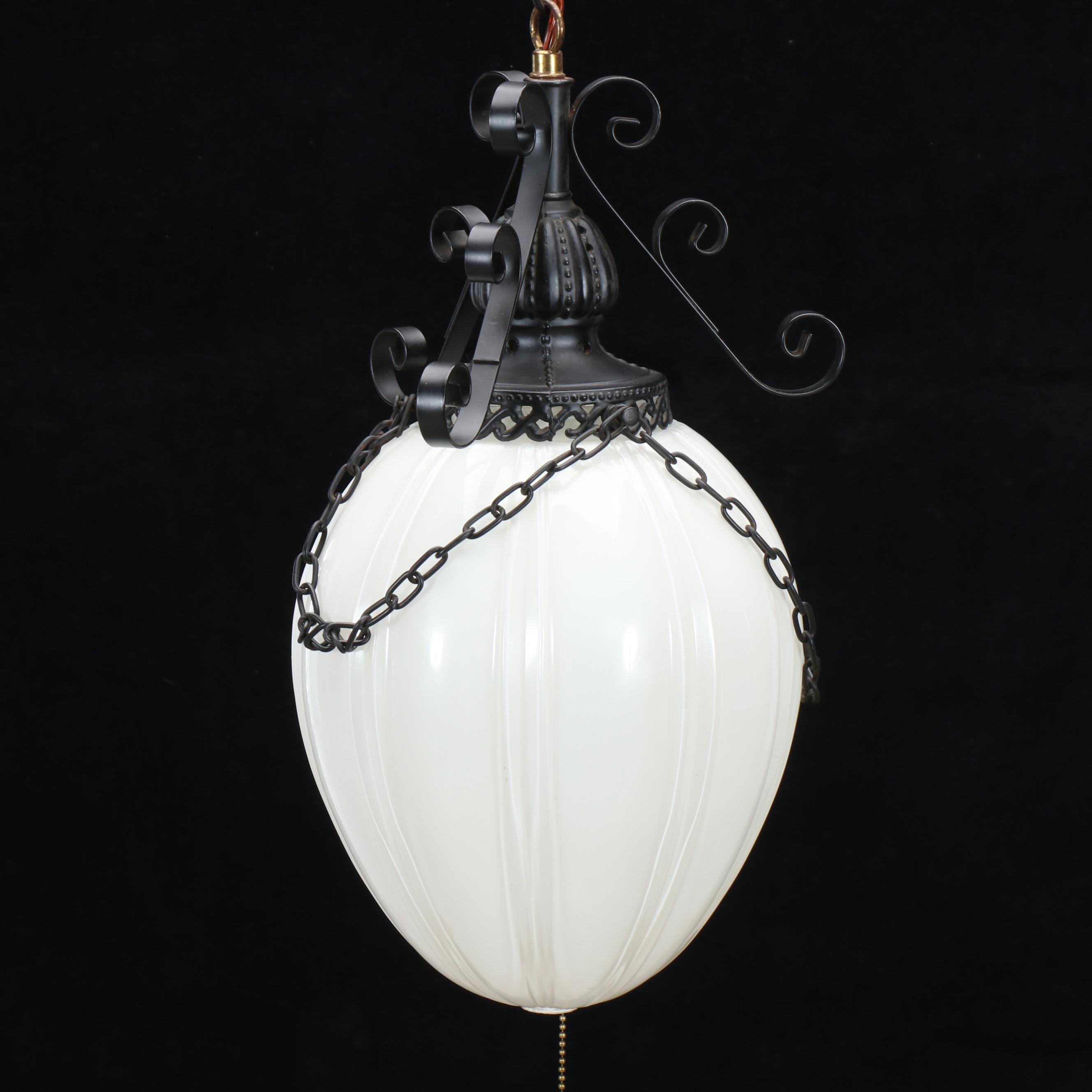 Retro Onion Style Glass Pendant Swag Light with Scrollwork Frame, 21st Century