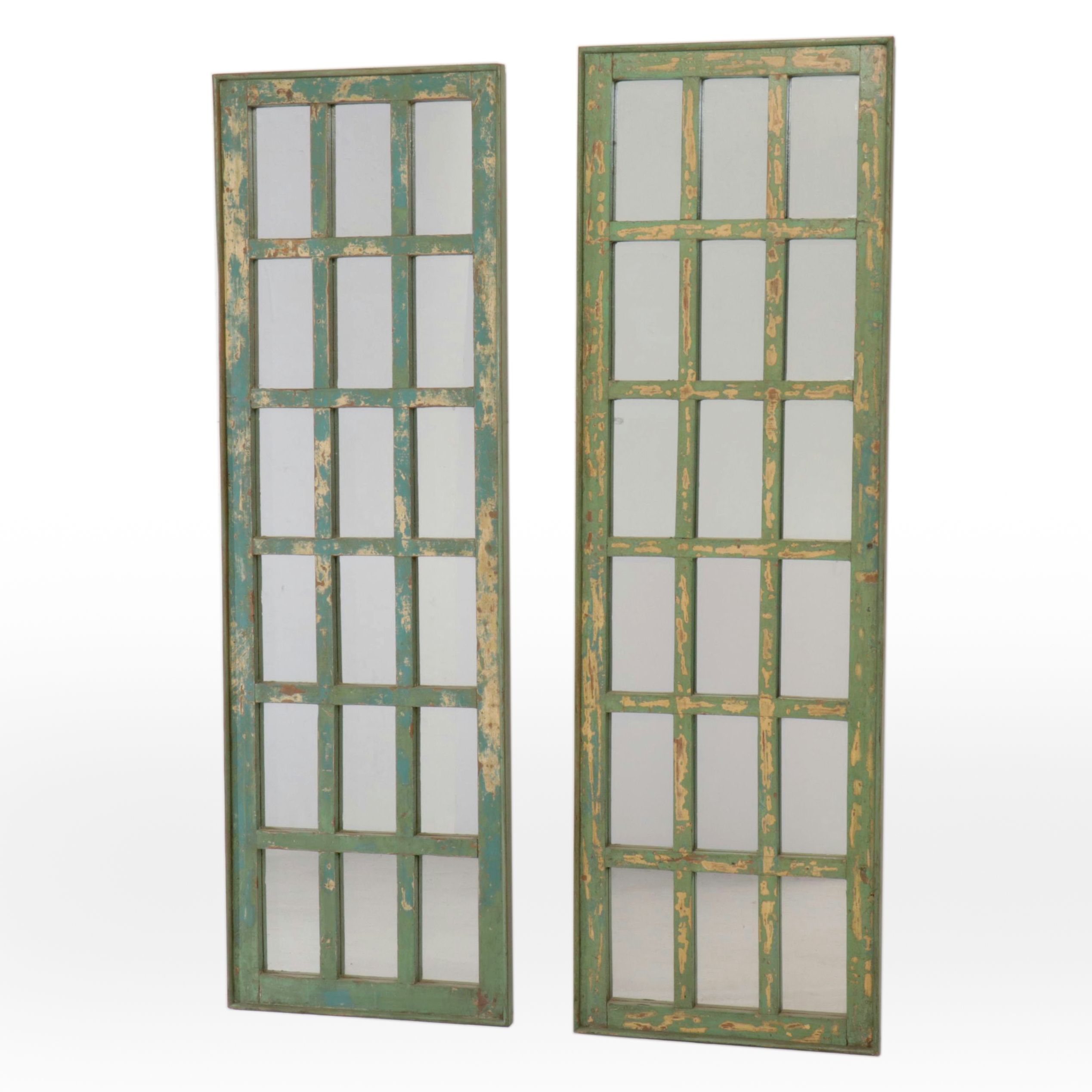 Pair of 6'4 Distressed Painted Wood Paned Wall Mirrors
