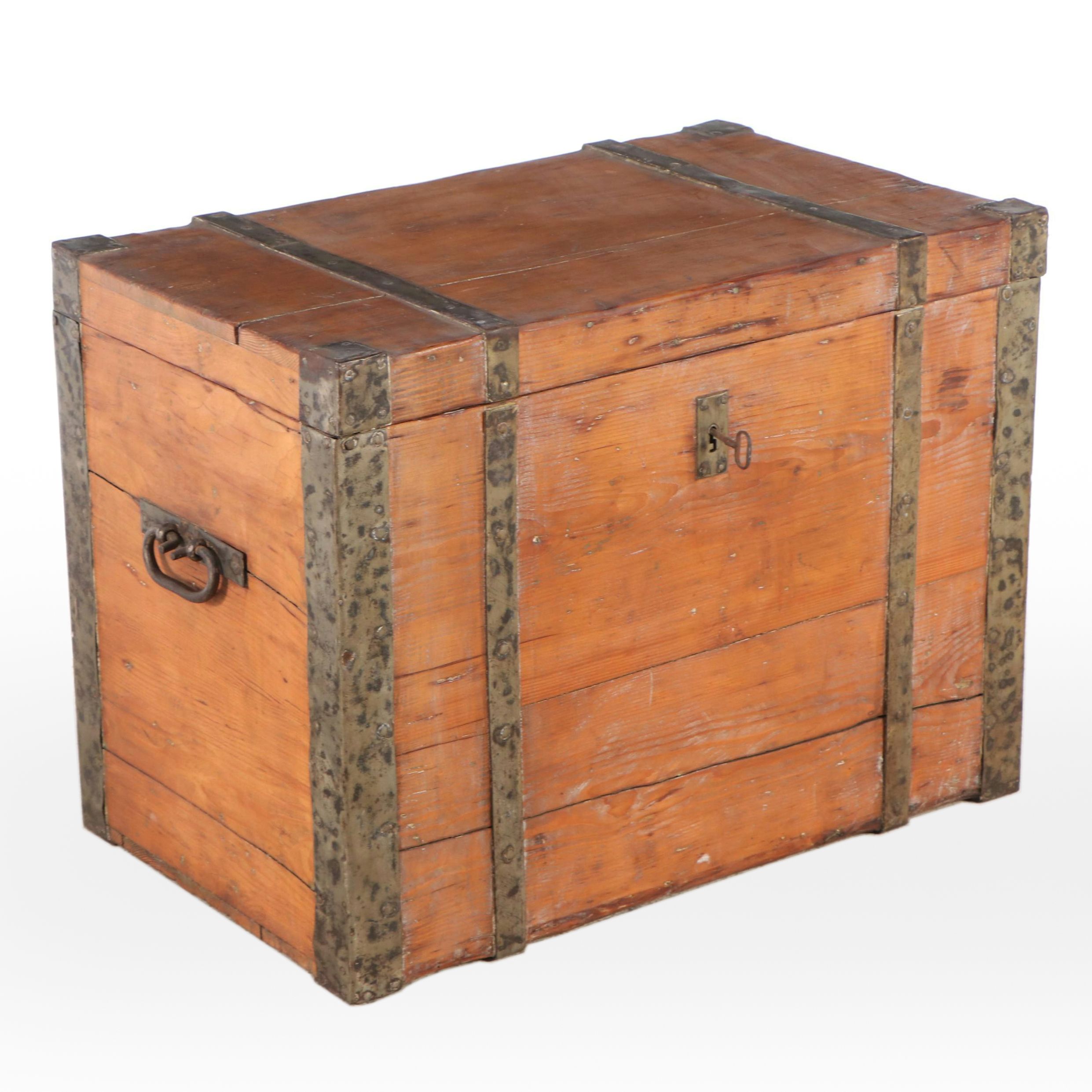 Pine Flat-Top Travel Trunk with Forged Metal Brackets, 19th Century