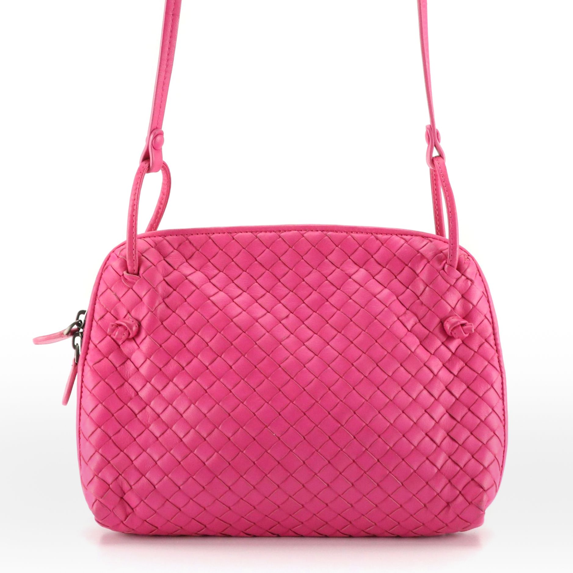 Bottega Veneta Zippered Crossbody Bag in Hot Pink Intrecciato Nappa Leather