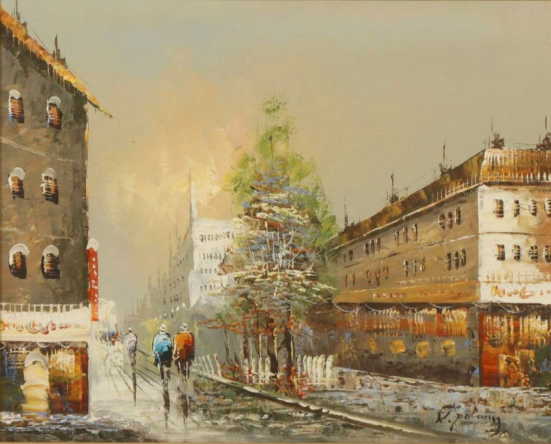 K. Polary Impressionist Oil Painting of Commuters in a Parisian Cityscape