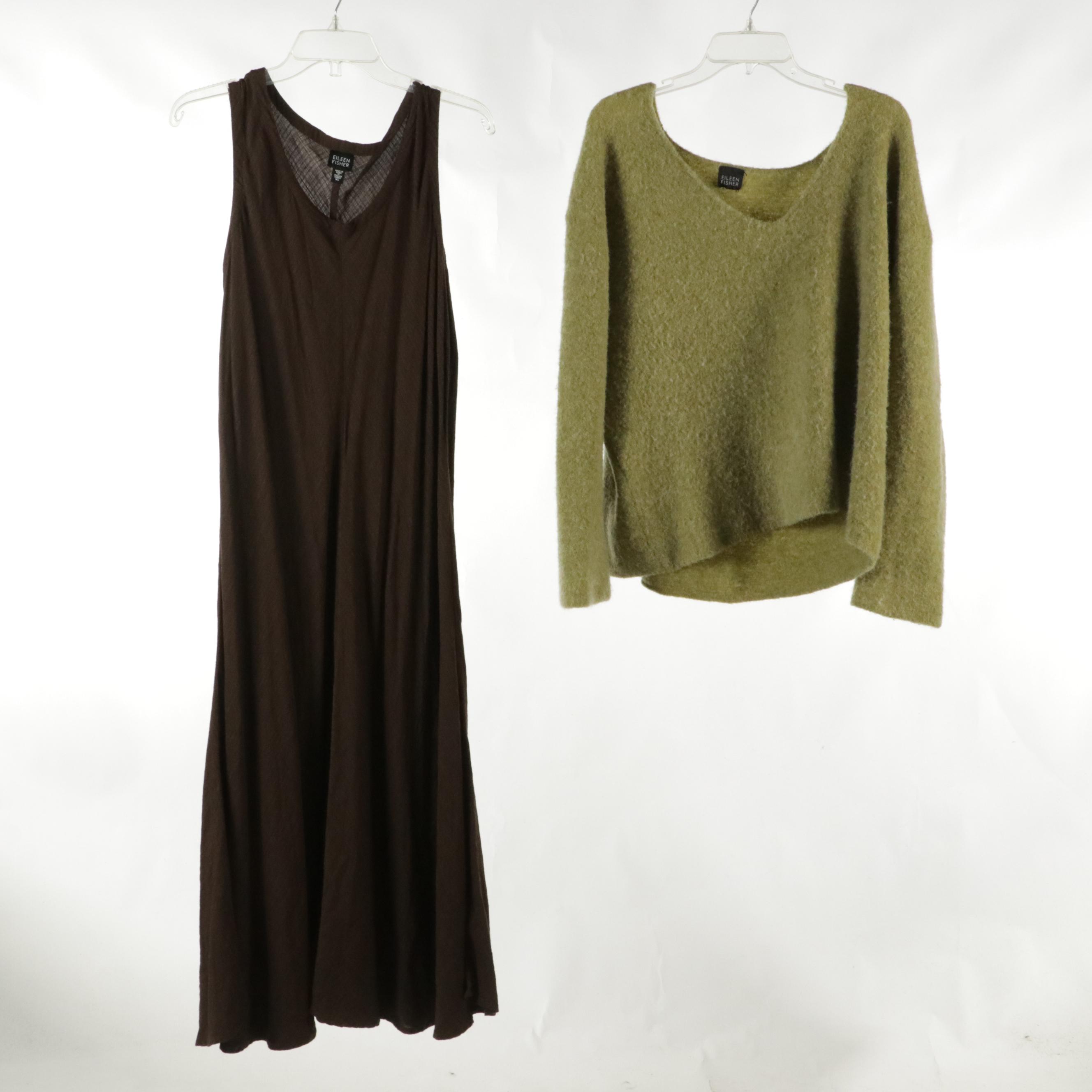 Eileen Fisher Linen Blend Maxi Dress with Alpaca & Merino Wool V-Neck Sweaters