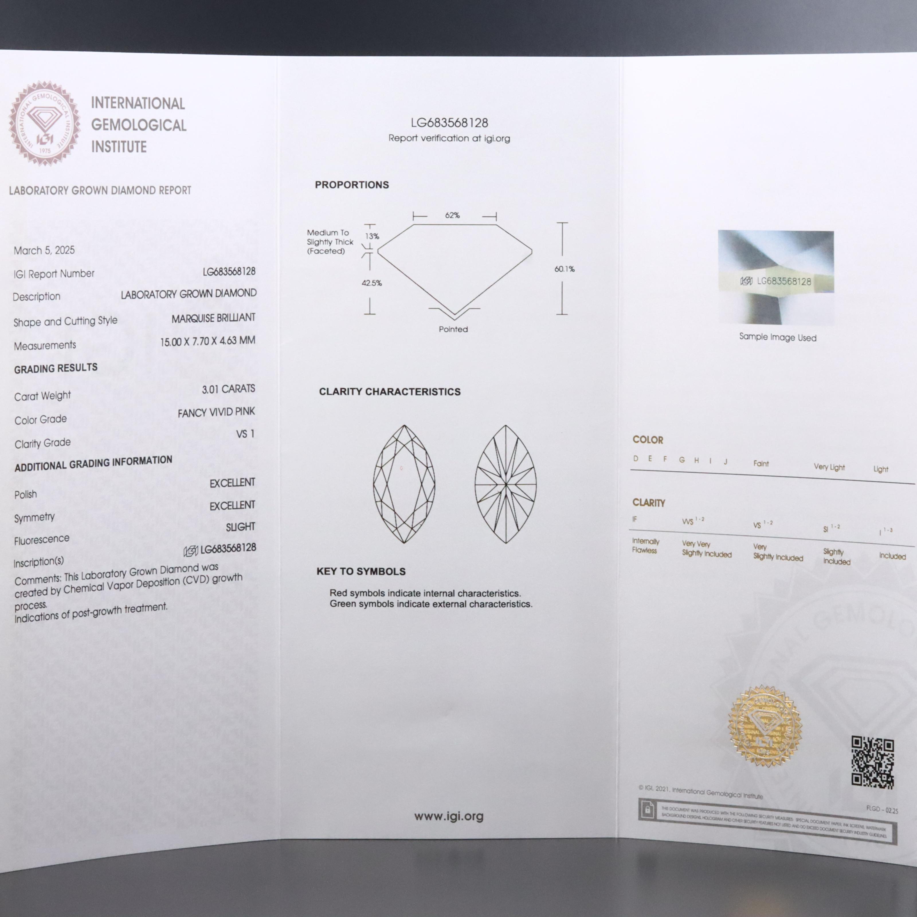 Platinum 3.33 CTW Lab Grown Diamond Ring with Fancy Pink Center and IGI Report