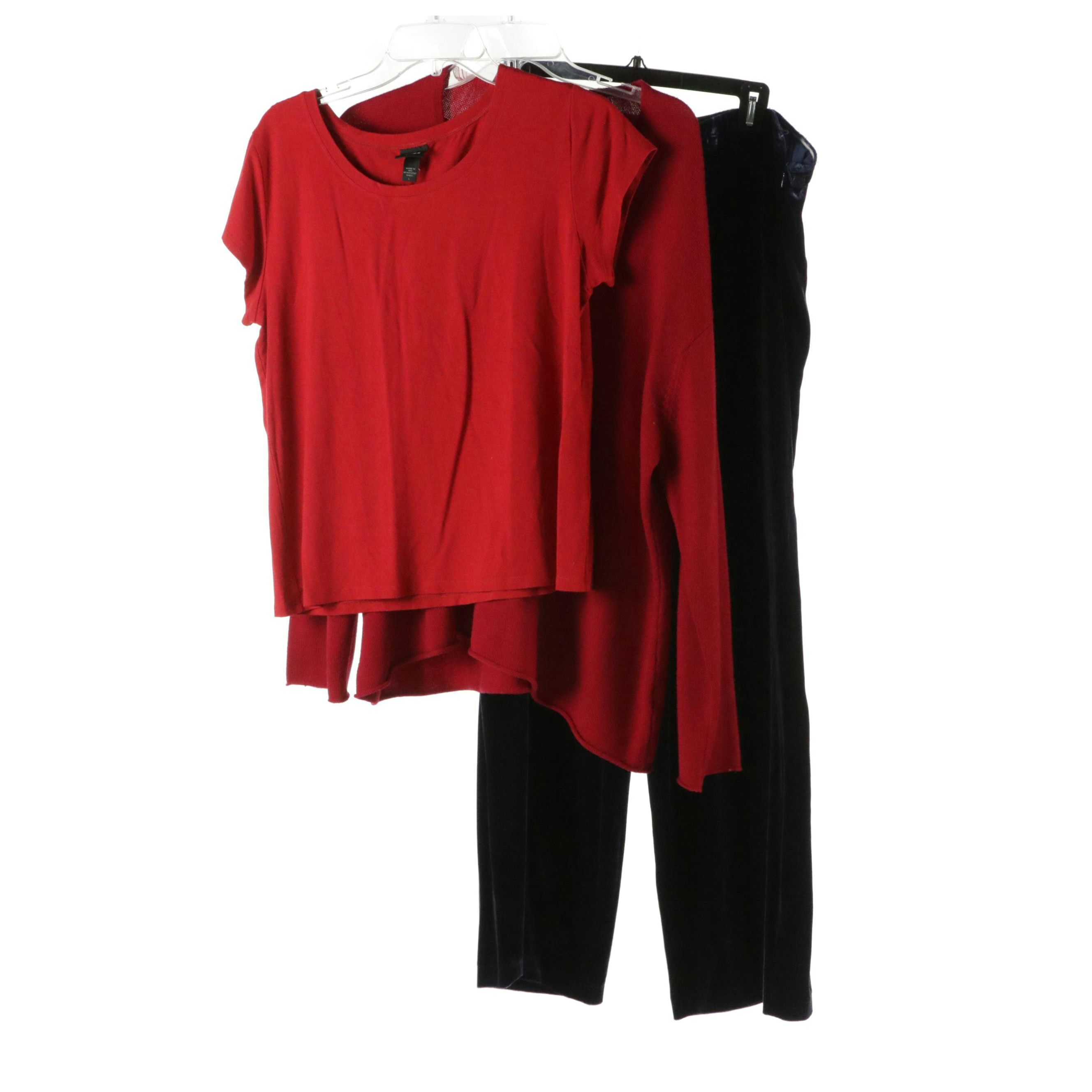 Eileen Fisher Short Sleeve Tee, V-Neck Sweater, and Elastic Waist Pants
