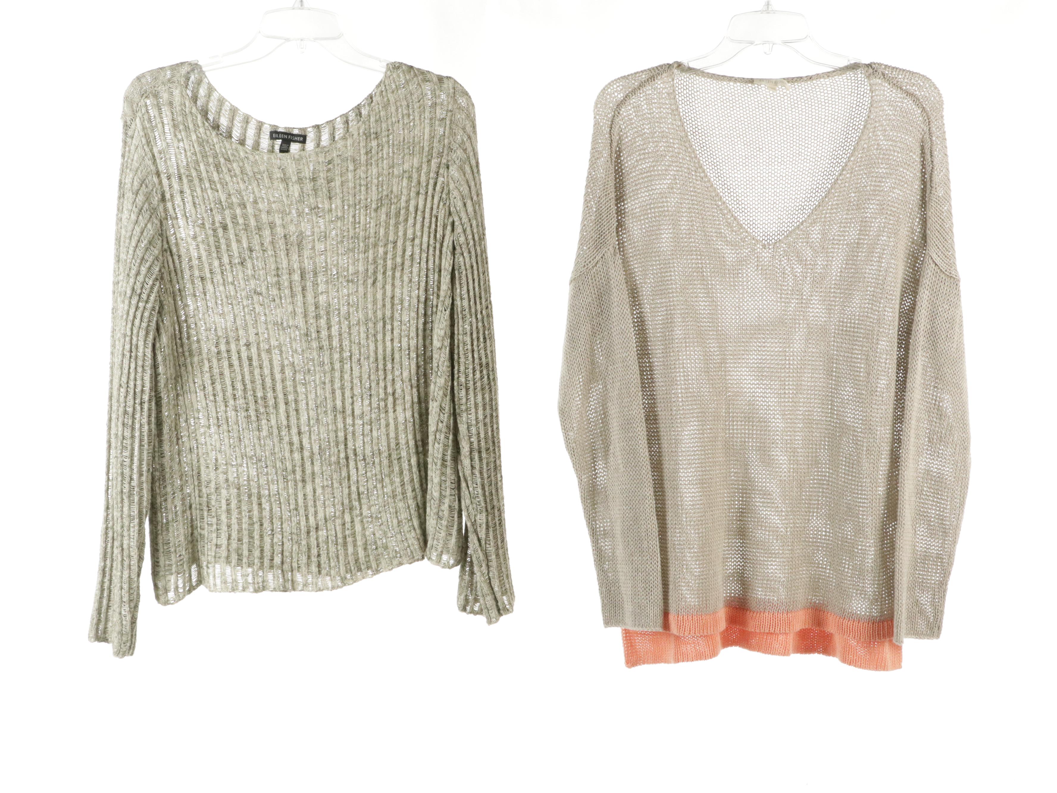 Eileen Fisher Linen Knit Sweater and Open Front Cardigan w/ Cotton Knit Sweater