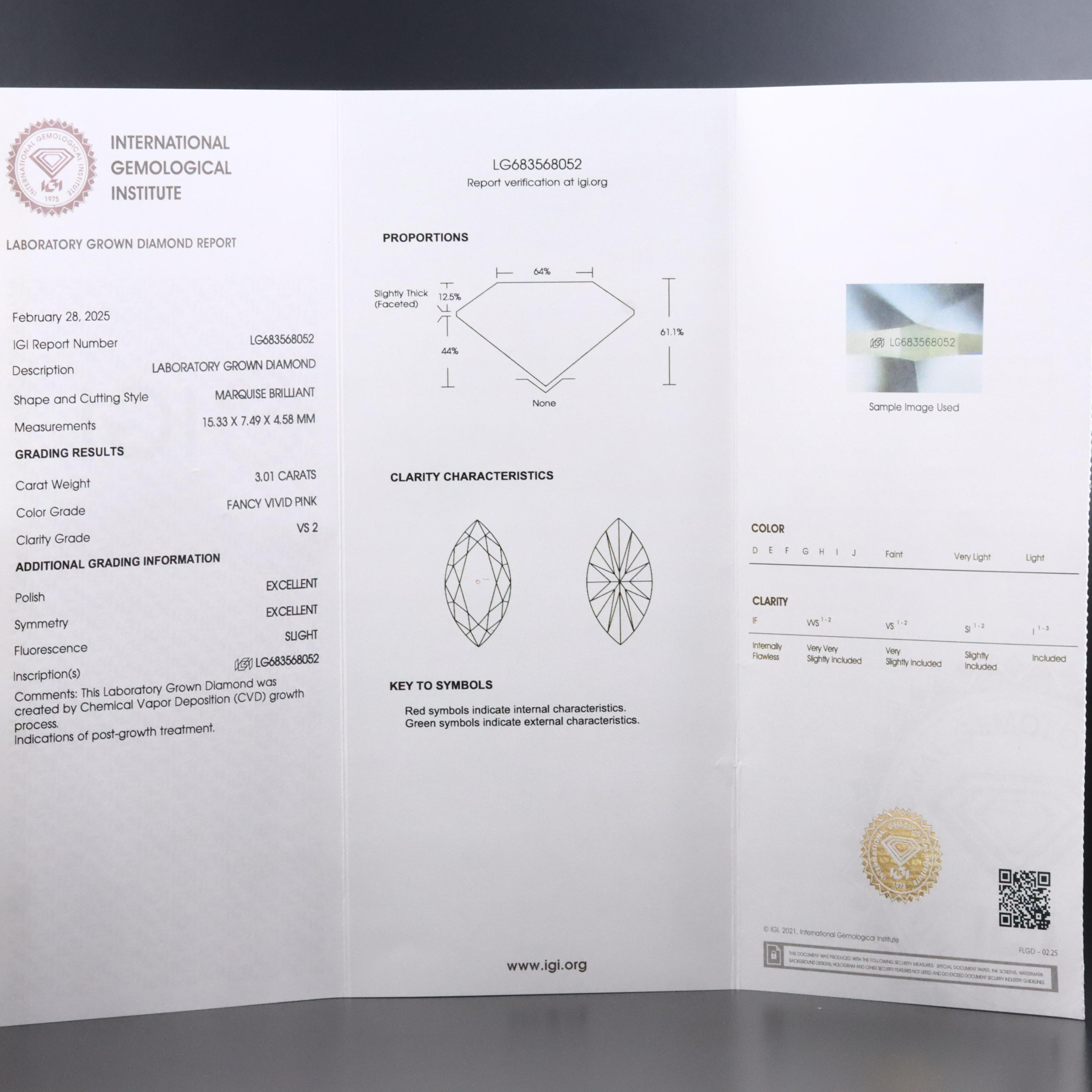 14K 3.39 CTW Lab Grown Diamond Ring with Fancy Pink Center and IGI Report