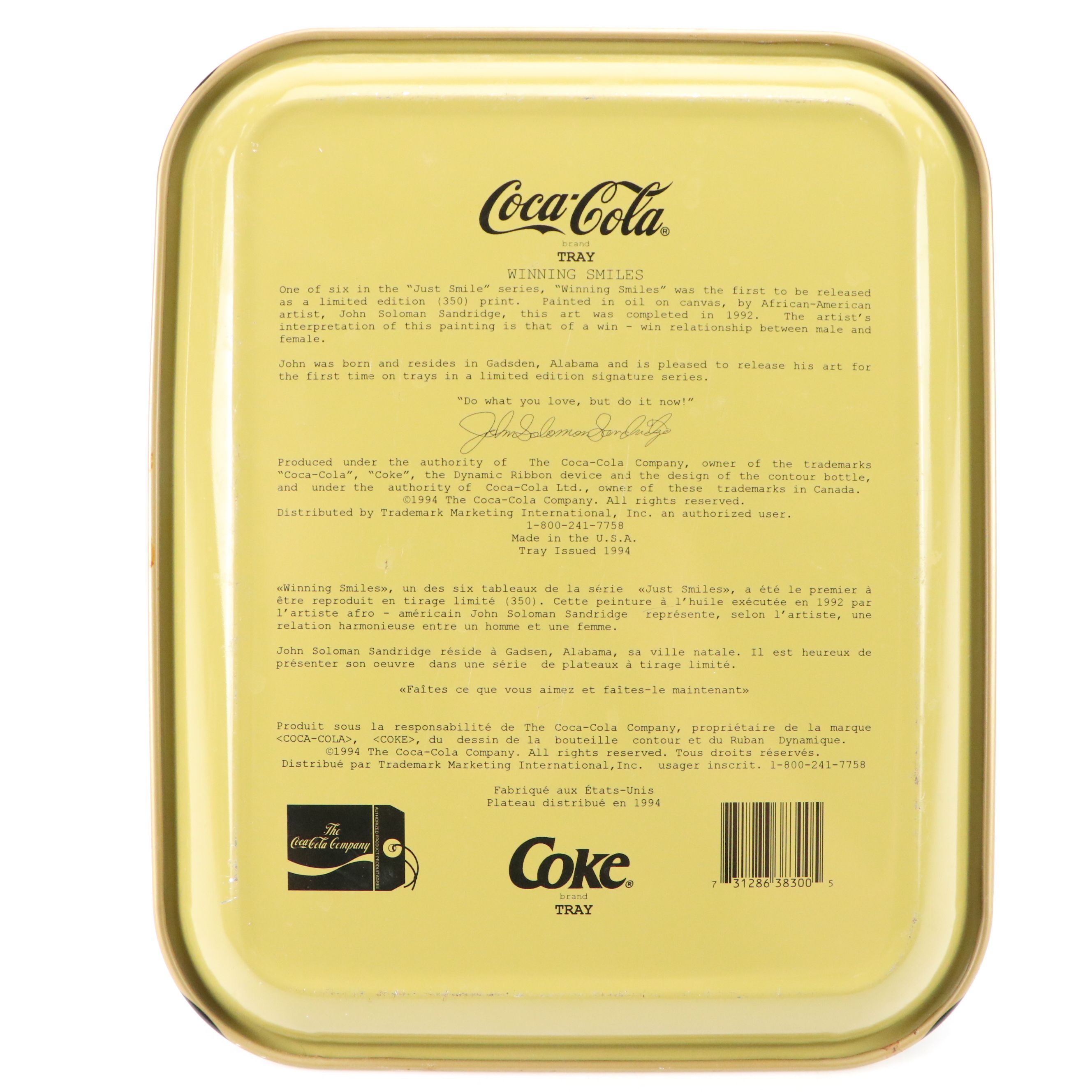 John Solomon Sandridge Signed Coca-Cola "Winning Smiles" Advertising Tray, 1994