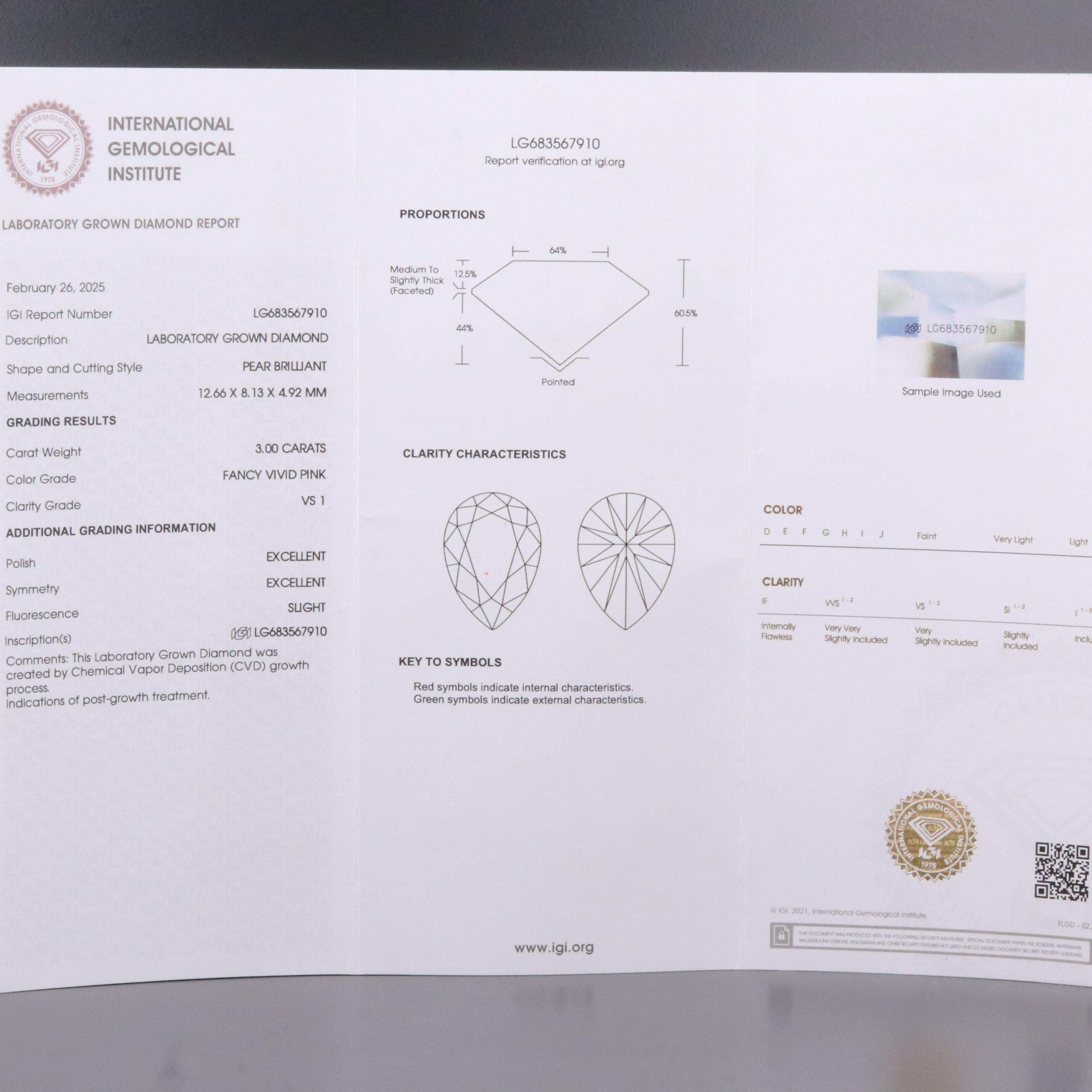 Platinum 3.00 CT Lab Grown Fancy Pink Solitaire Ring with IGI Report