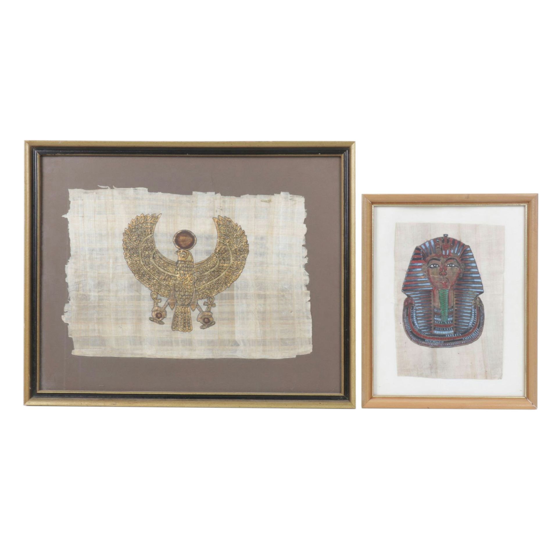 Pair of Egyptian Styled Souvenir Gouache Paintings on Papyrus, Late 20th Century