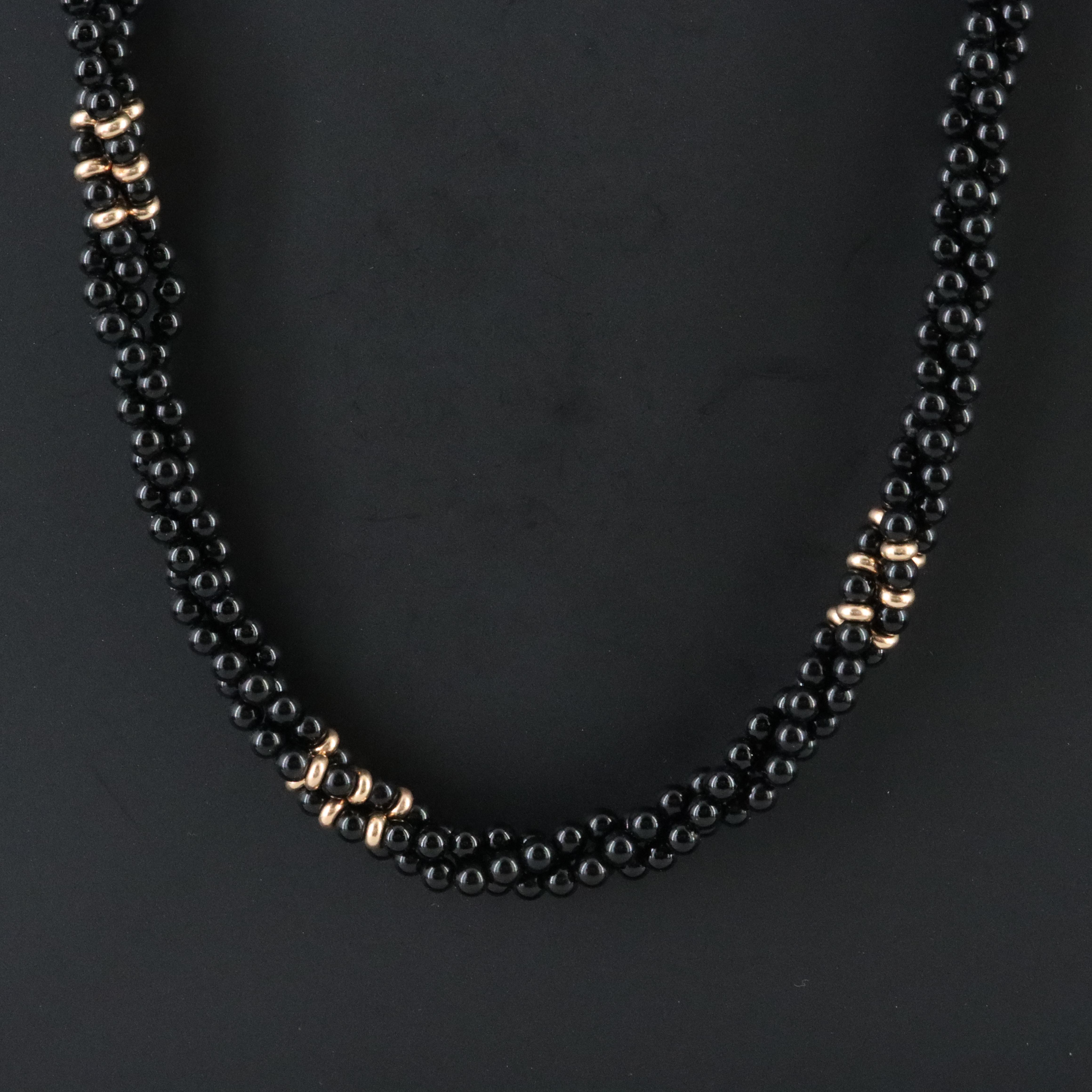 Black Onyx Torsade Necklace with 14K Diamond Clasp and Accent Beads