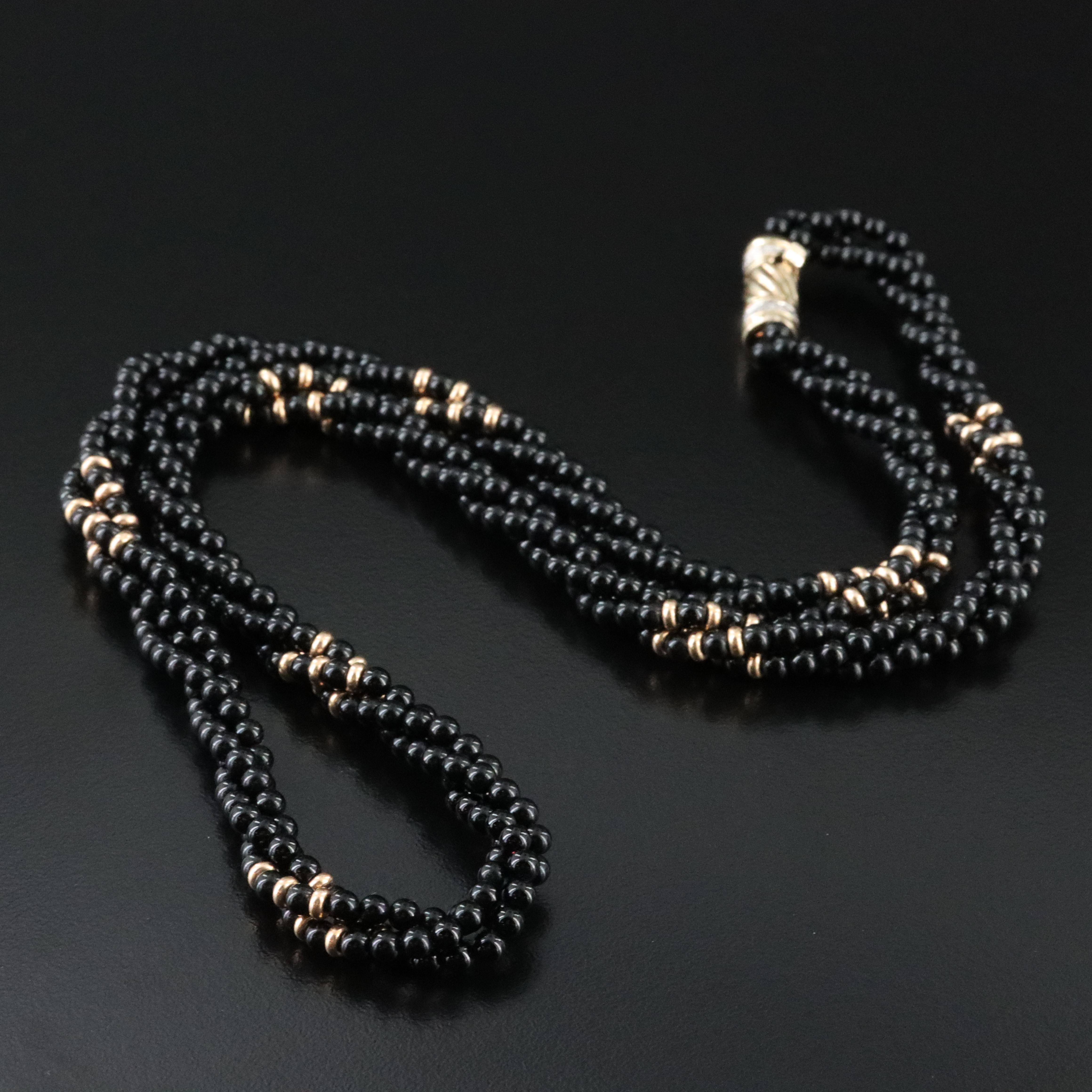 Black Onyx Torsade Necklace with 14K Diamond Clasp and Accent Beads