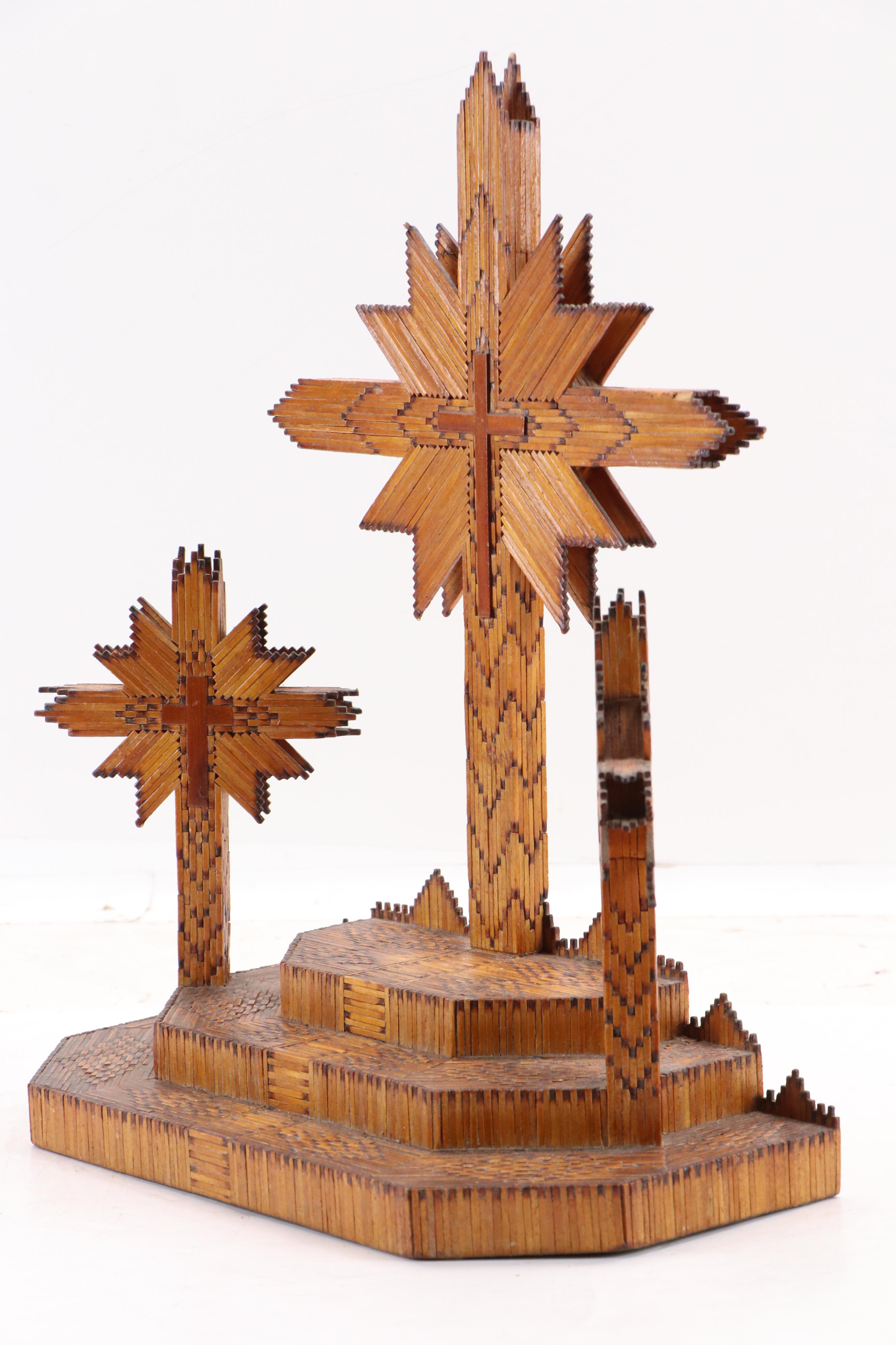 Matchstick Tramp Art Calvary Cross Sculpture, 20th Century