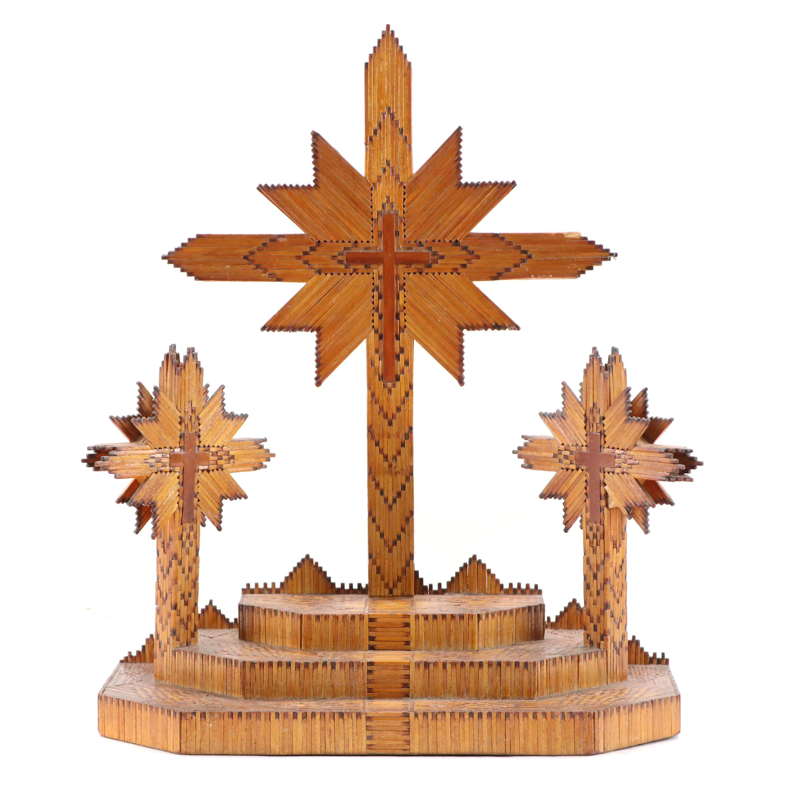 Matchstick Tramp Art Calvary Cross Sculpture, 20th Century