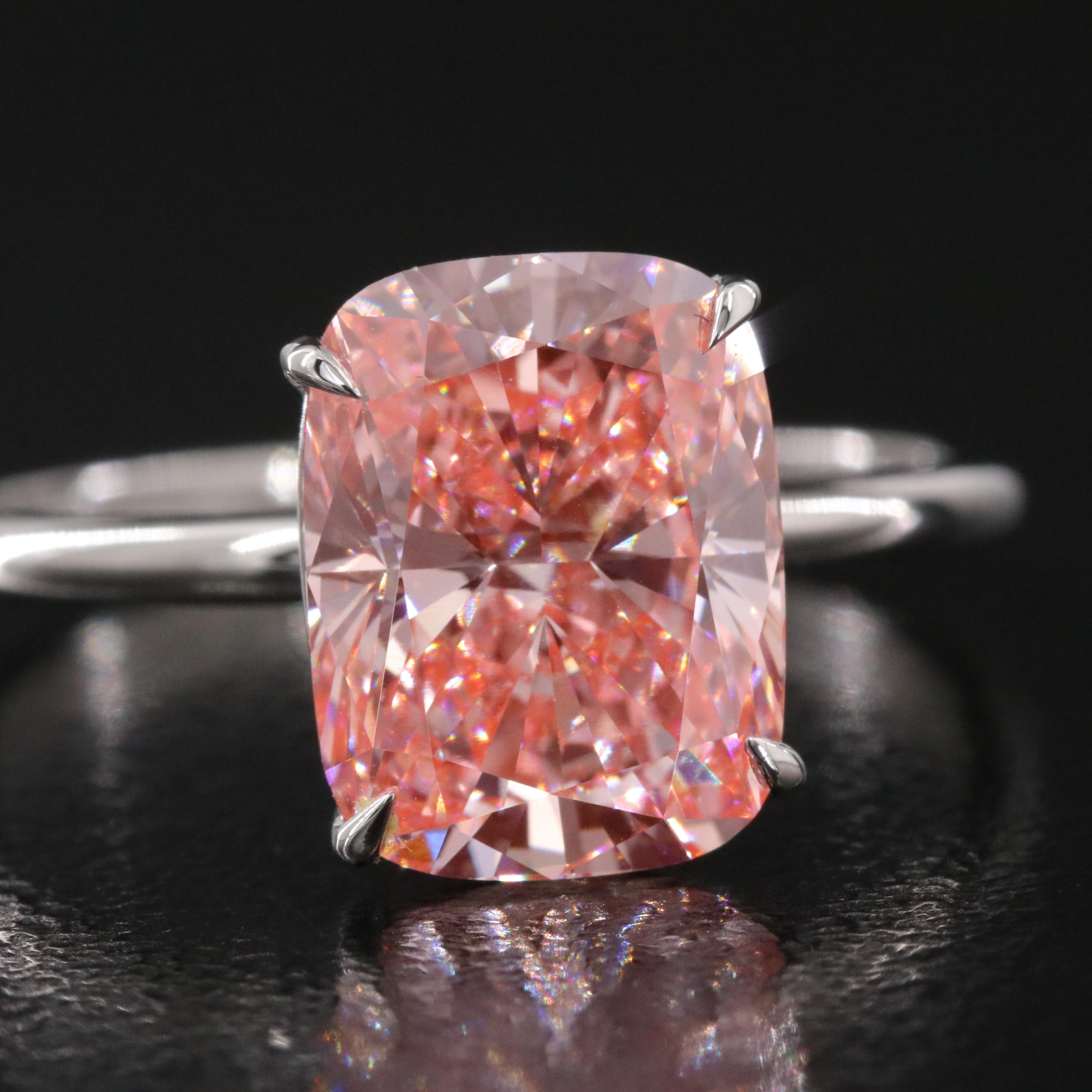 Platinum 3.11 CT Lab Grown Fancy Pink Diamond Solitaire Ring with IGI Report