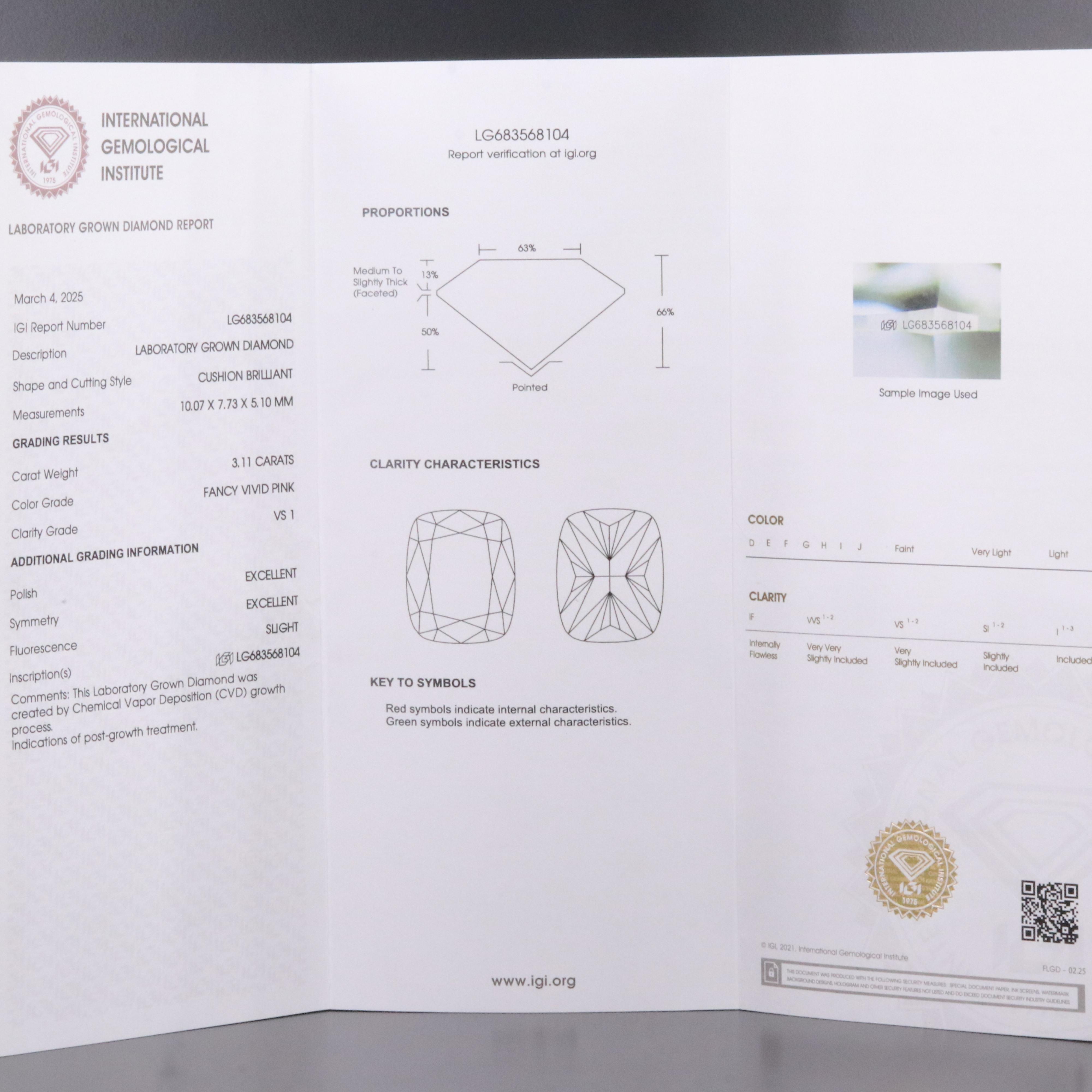 Platinum 3.11 CT Lab Grown Fancy Pink Diamond Solitaire Ring with IGI Report