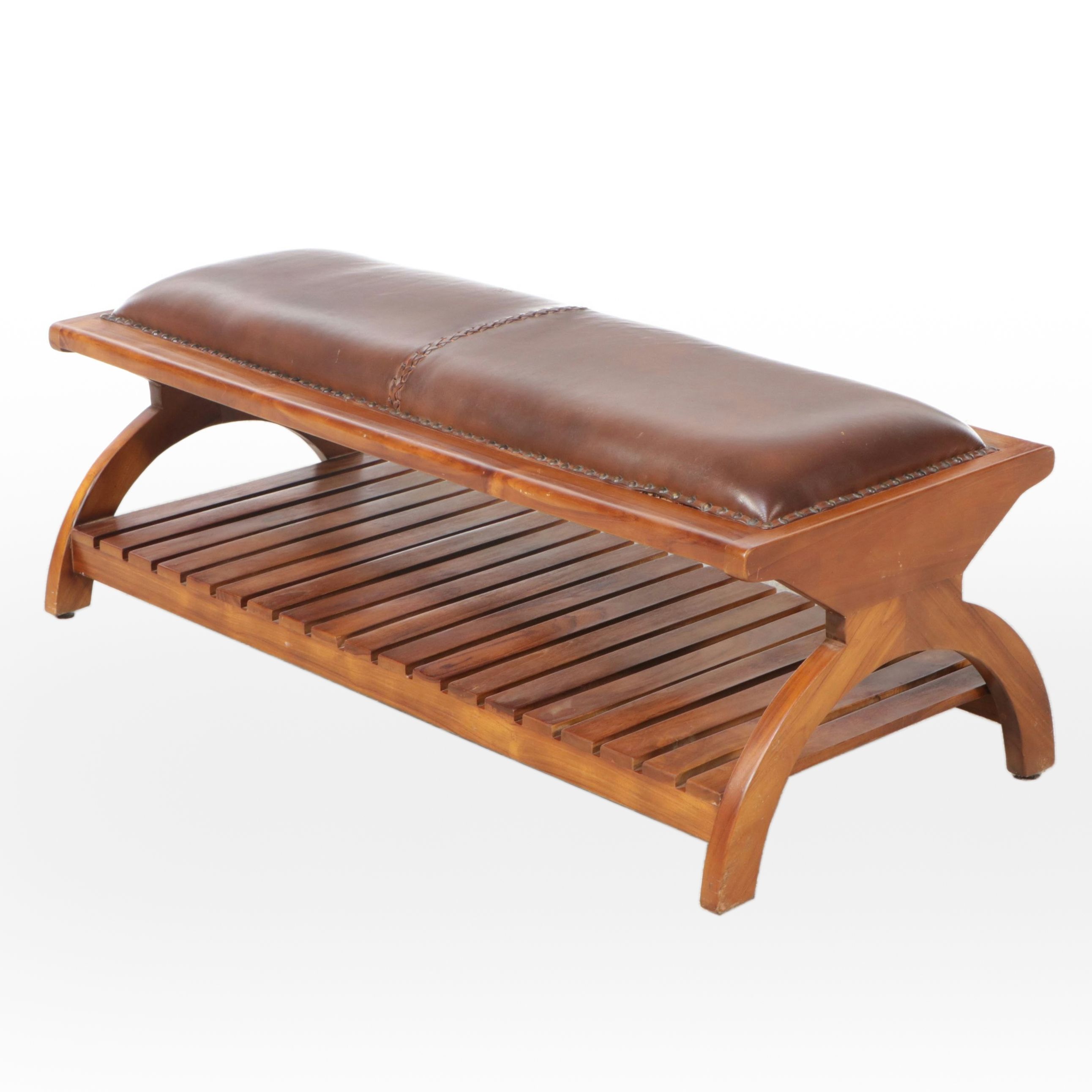 Grandin Road "Augusto" Leather and Teak Bench