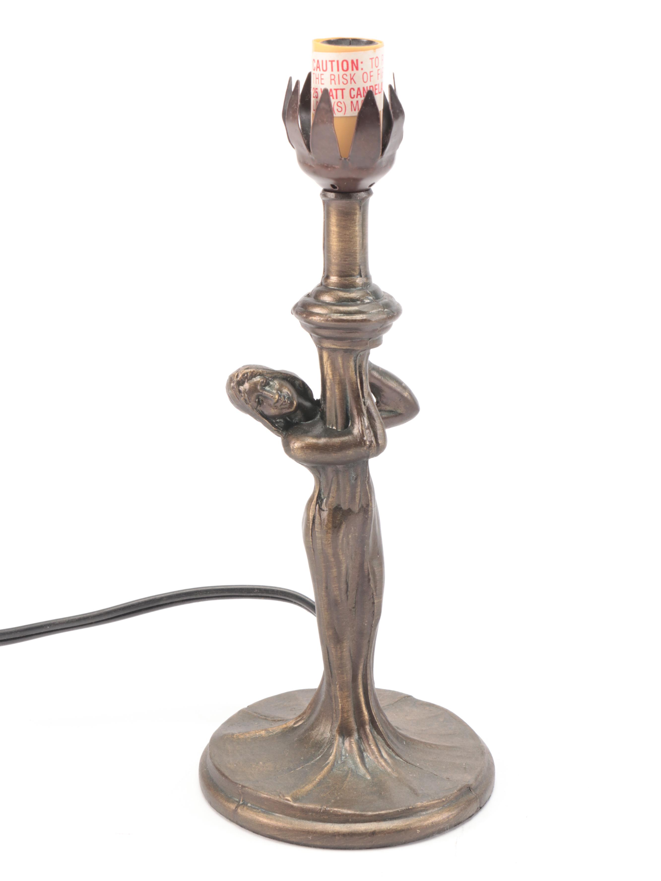 Art Nouveau Style Tree with Art Deco Style Female Figural Metal Table Lamps