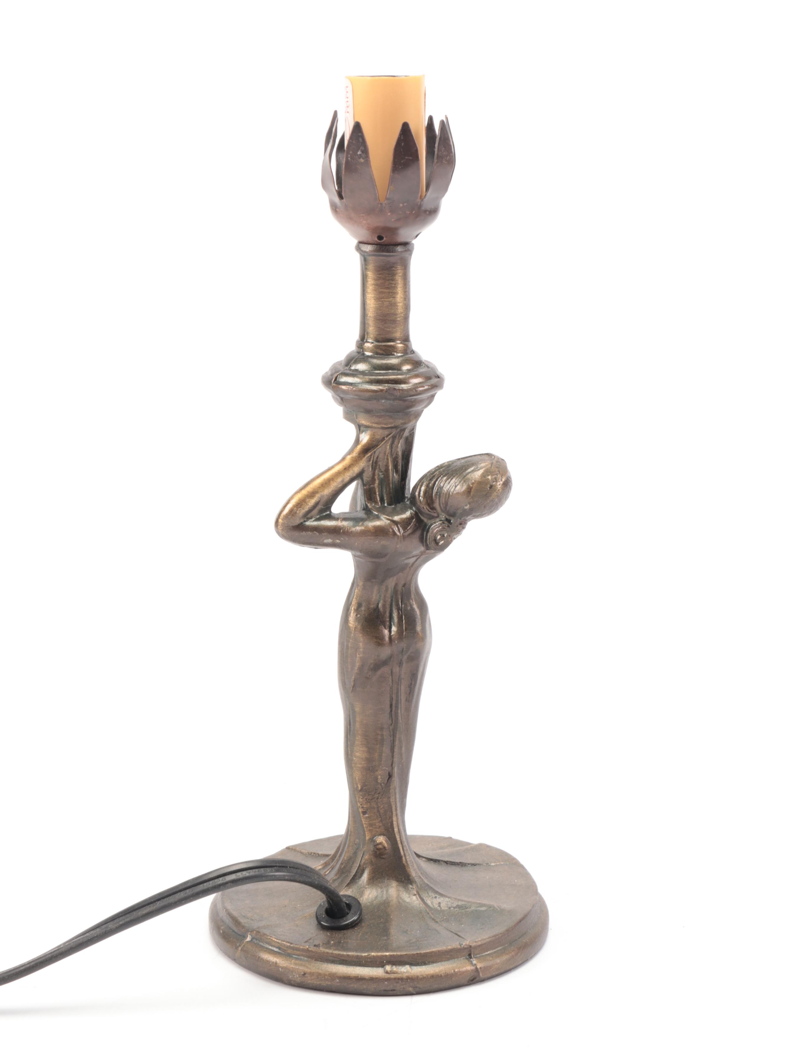 Art Nouveau Style Tree with Art Deco Style Female Figural Metal Table Lamps