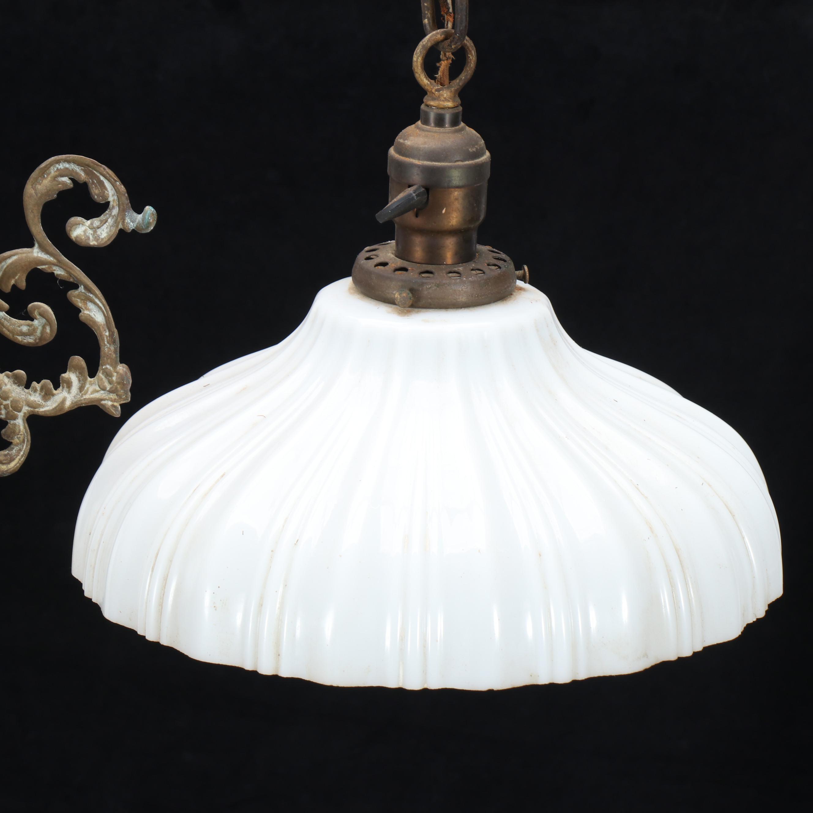 Victorian Hall Pendant Light Font with Frame, and Milk Glass Pendant Shade