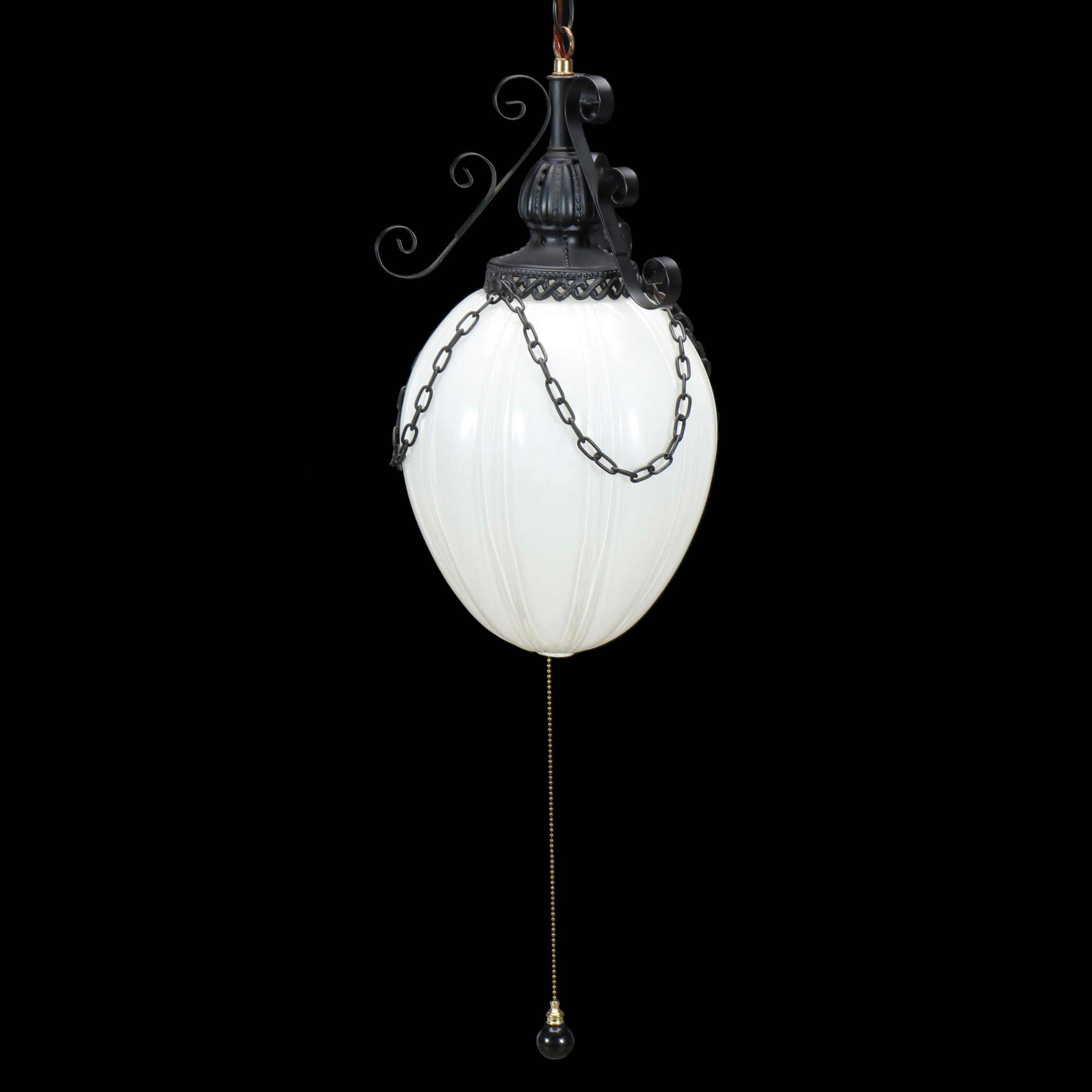 Retro Onion Style Glass Pendant Swag Light with Scrollwork Frame, 21st Century