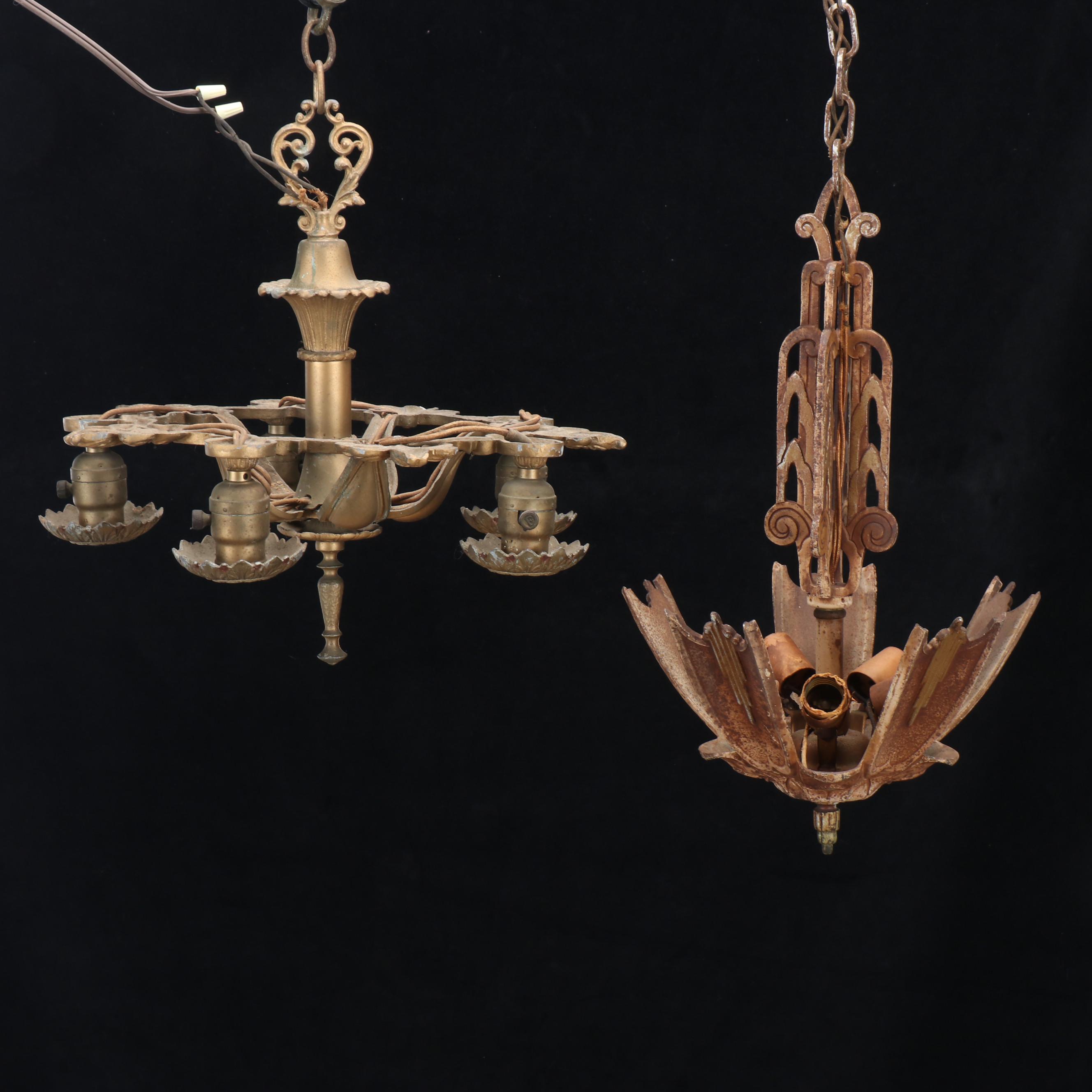 Art Deco Slipper Chandelier with Victorian Five-Light Chandelier, Antique