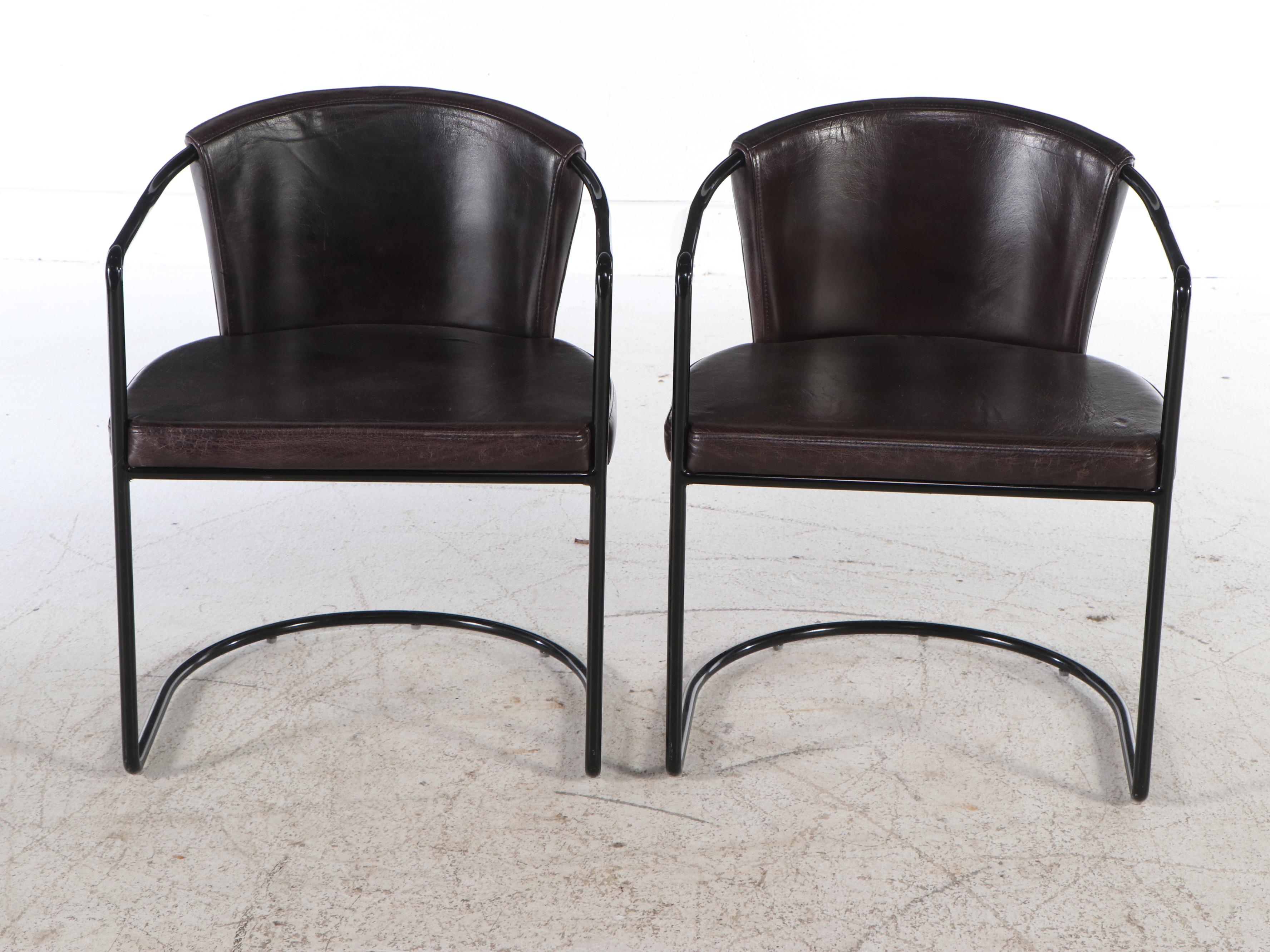 CB2 Modernist Metal Frame and Leather Dining Chairs, Pair, 2018