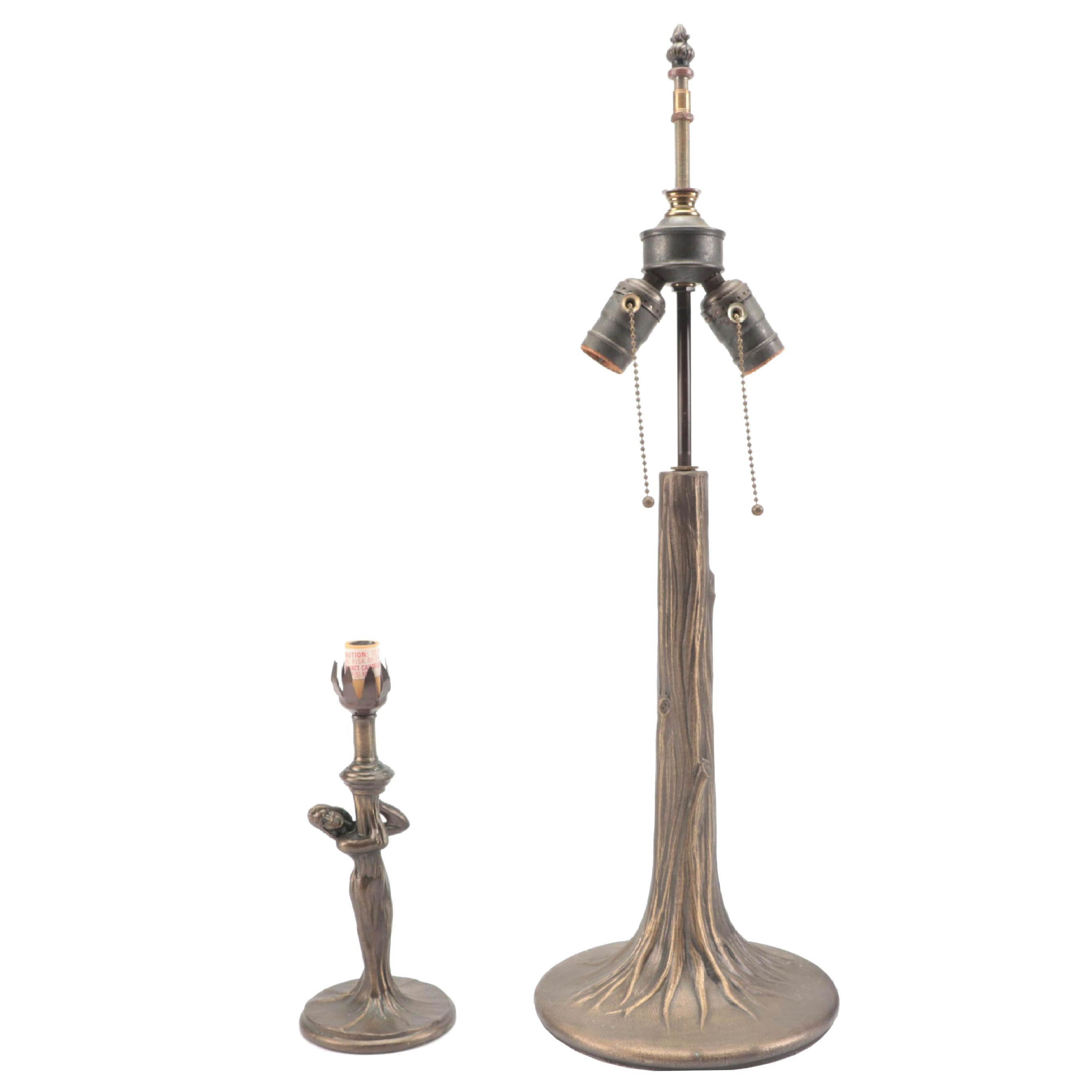 Art Nouveau Style Tree with Art Deco Style Female Figural Metal Table Lamps